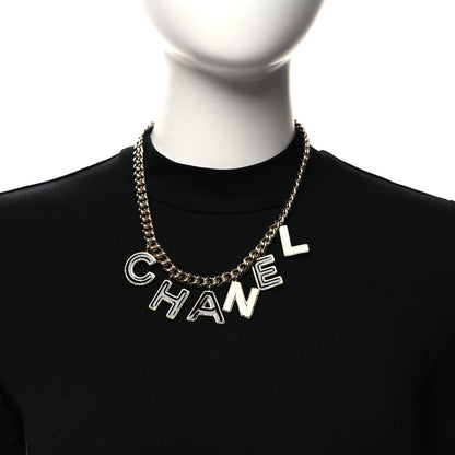 Chanel Metal Enamel Logo Necklace Gold Black White 2 of 4