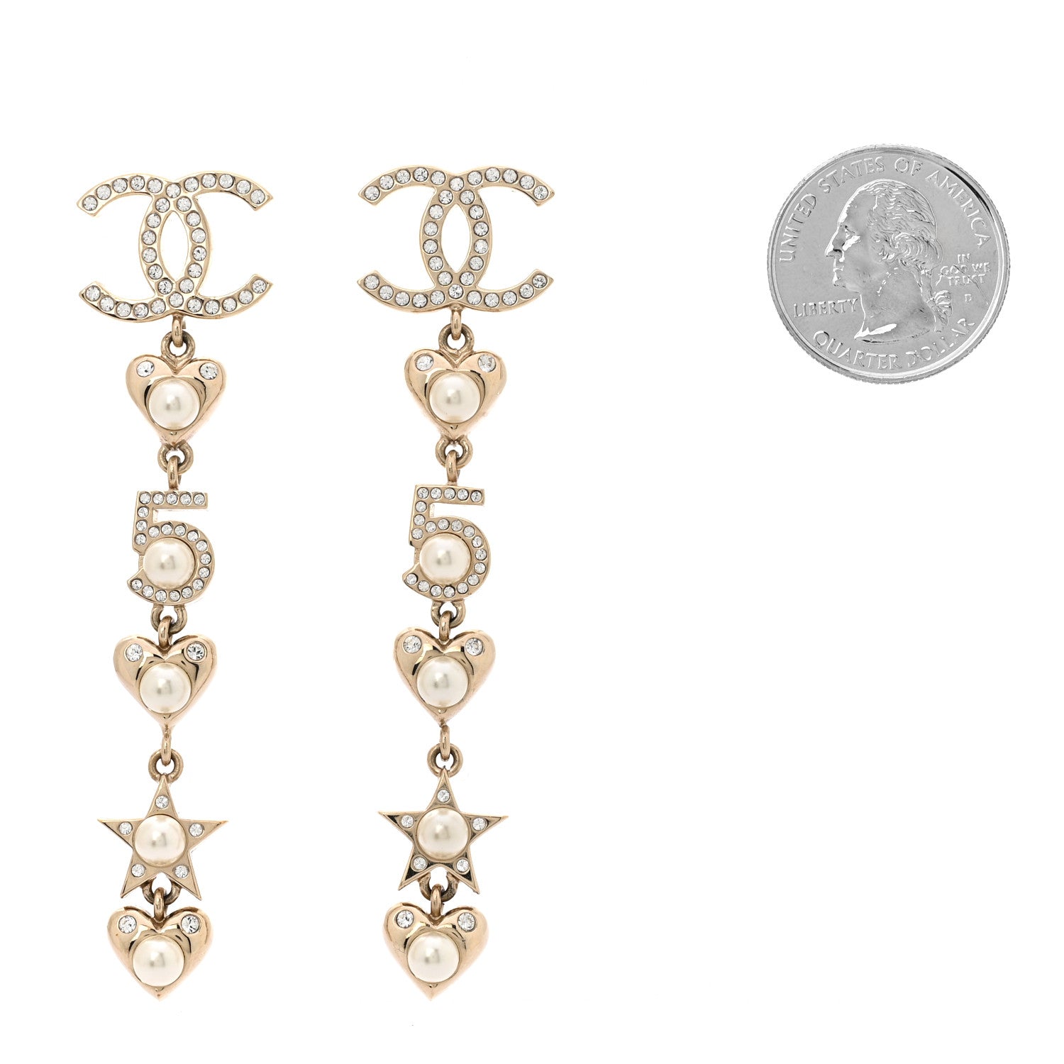 Chanel Crystal Pearl Charming Winter CC Star Heart Drop Earrings Gold 2 of 6