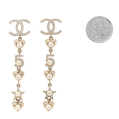 Chanel Crystal Pearl Charming Winter CC Star Heart Drop Earrings Gold 2 of 6