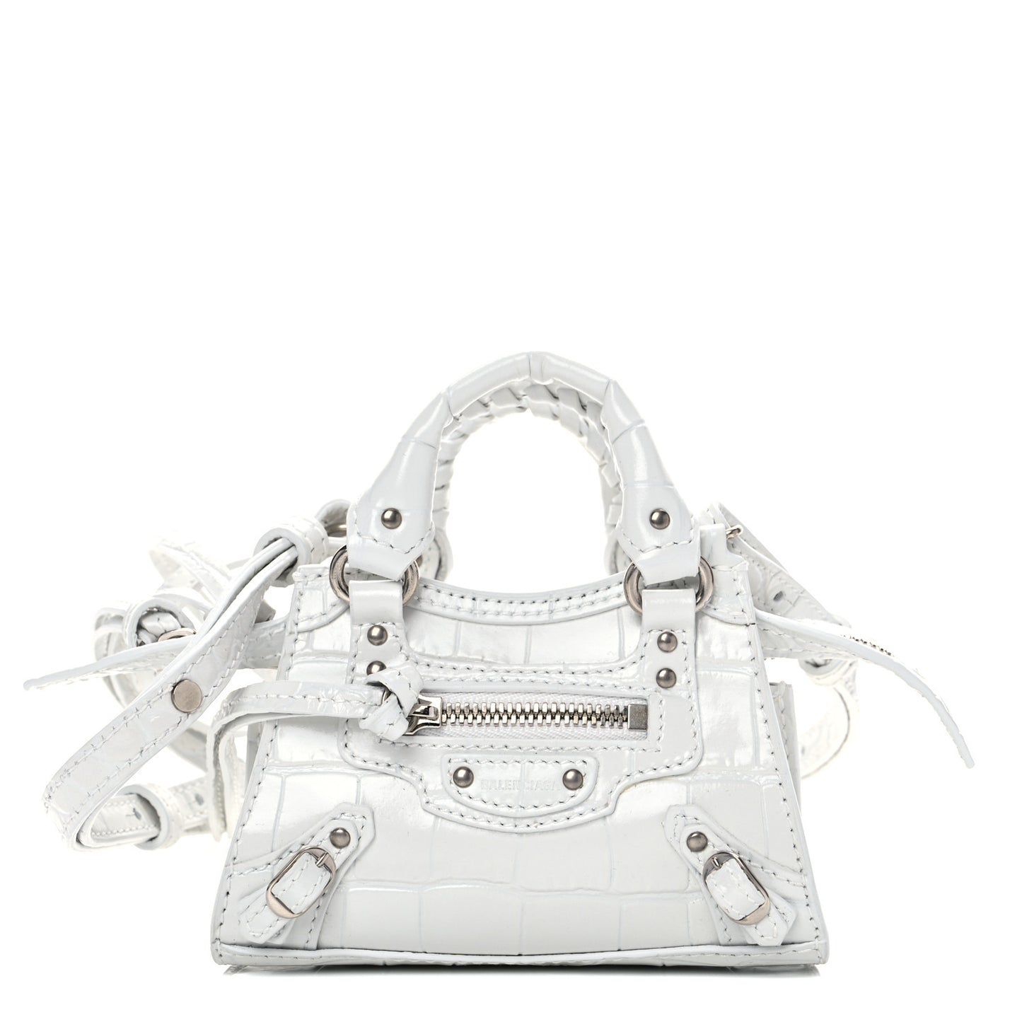 Extra Supple Calfskin Crocodile Embossed Neo Classic Silver Hardware Super Nano City Crossbody White
