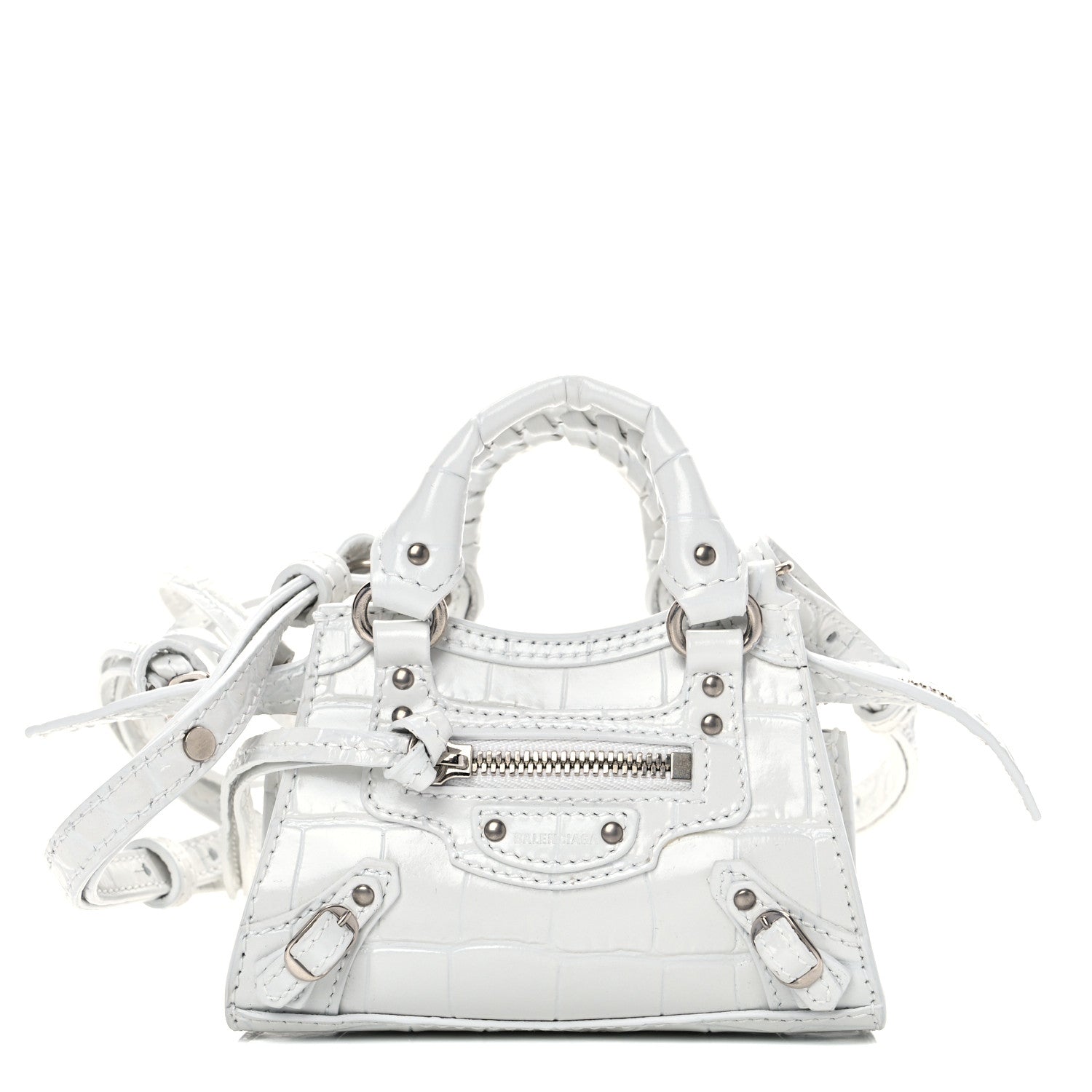 Balenciaga Extra Supple Calfskin Crocodile Embossed Neo Classic Silver Hardware Super Nano City Crossbody White 1 of 9
