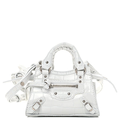 Balenciaga Extra Supple Calfskin Crocodile Embossed Neo Classic Silver Hardware Super Nano City Crossbody White 1 of 9
