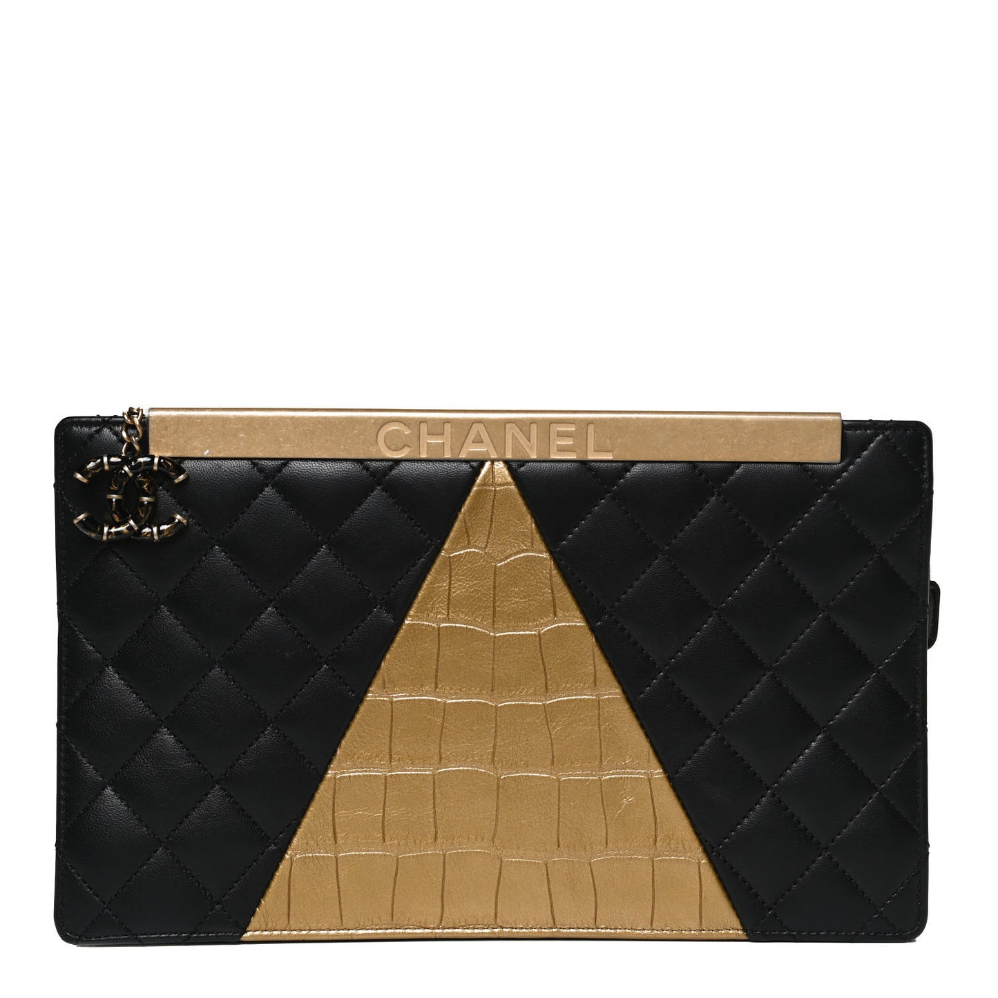 Lambskin Metallic Calfskin Crocodile Embossed Clutch Black Gold
