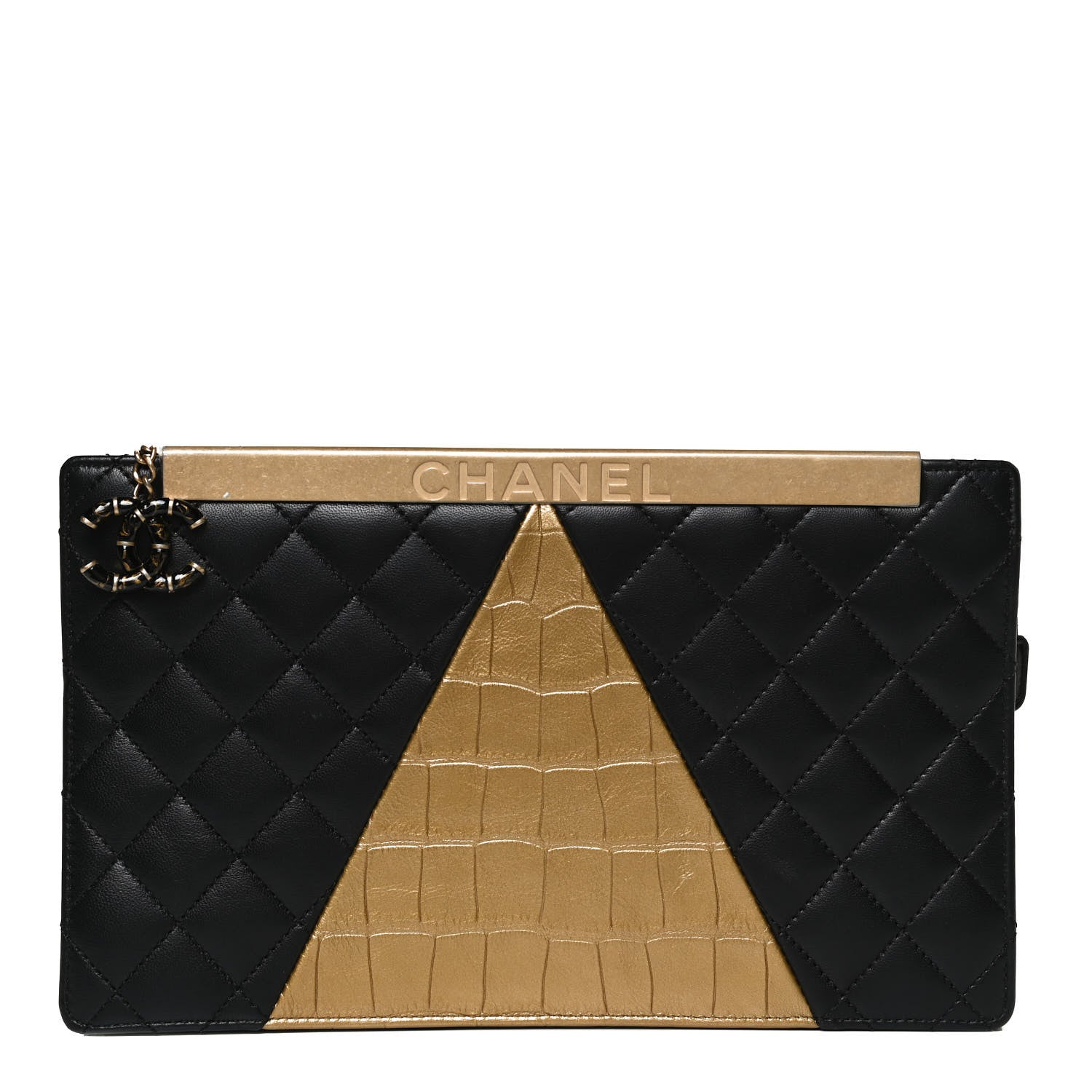 Chanel Lambskin Metallic Calfskin Crocodile Embossed Clutch Black Gold 1 of 15