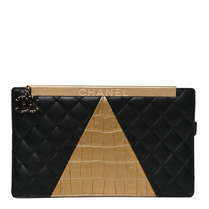 Chanel Lambskin Metallic Calfskin Crocodile Embossed Clutch Black Gold 1 of 15