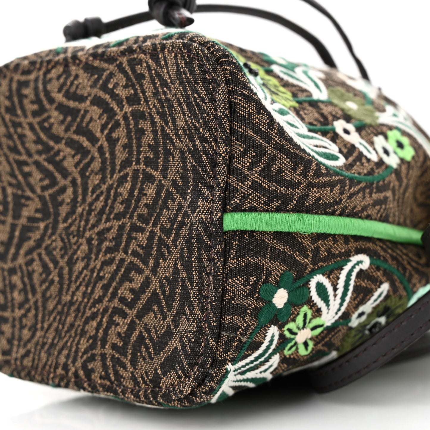 X SARAH COLEMAN Vitello Grace Fabric Jacquard FF Vertigo Fiori Embroidered Mini Mon Tresor Bucket Bag Tobacco