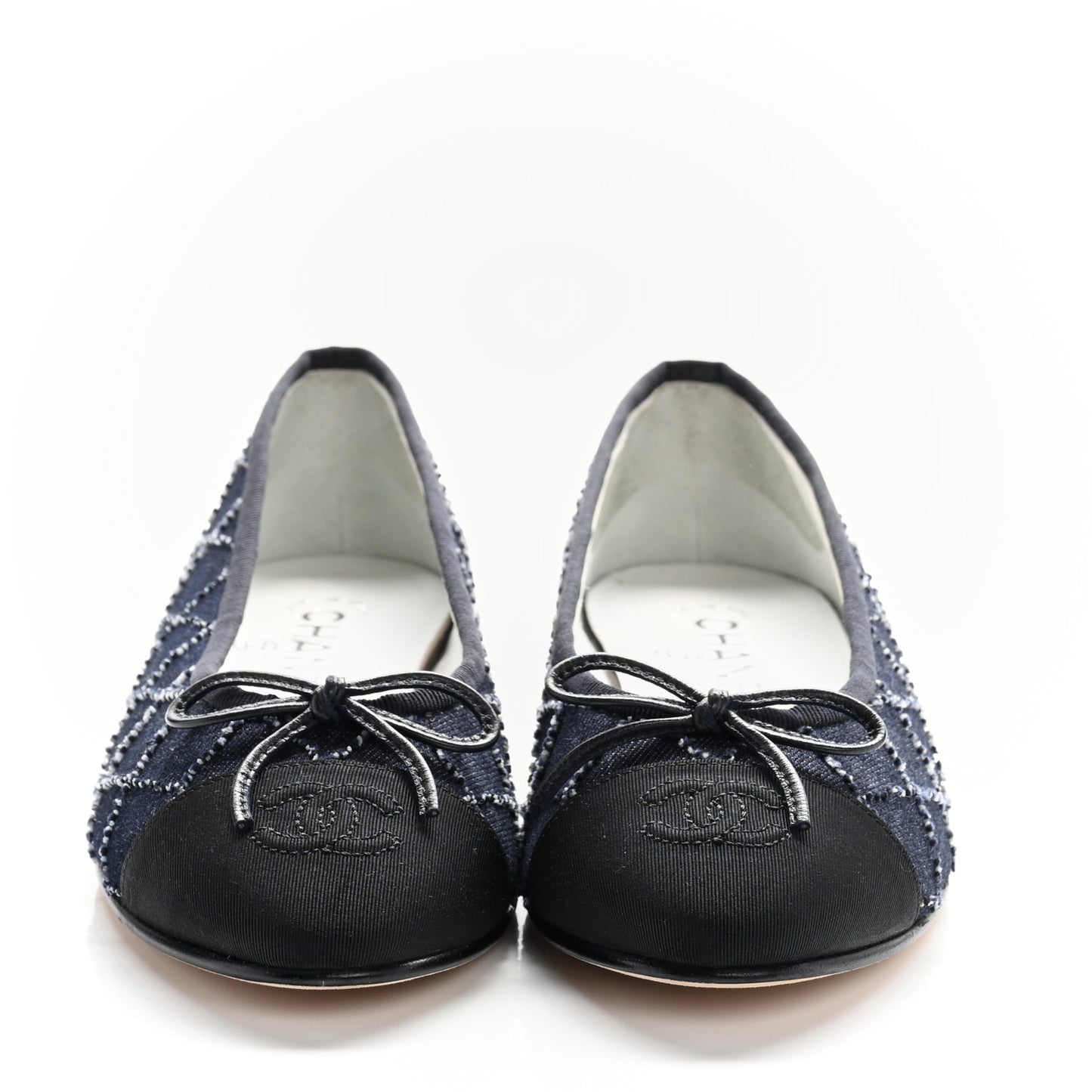 Denim Quilted Grosgrain Cap Toe Ballerina Flats 37 Dark Blue Black