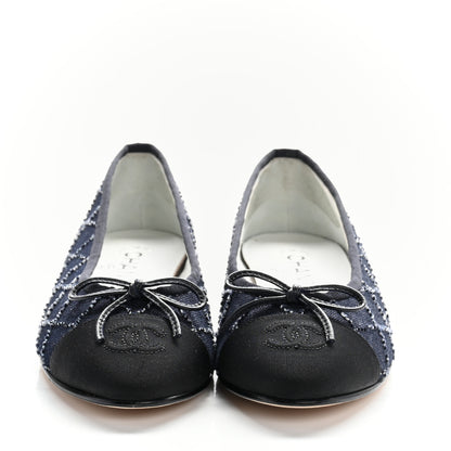 Chanel Denim Quilted Grosgrain Cap Toe Ballerina Flats 37 Dark Blue Black 3 of 9