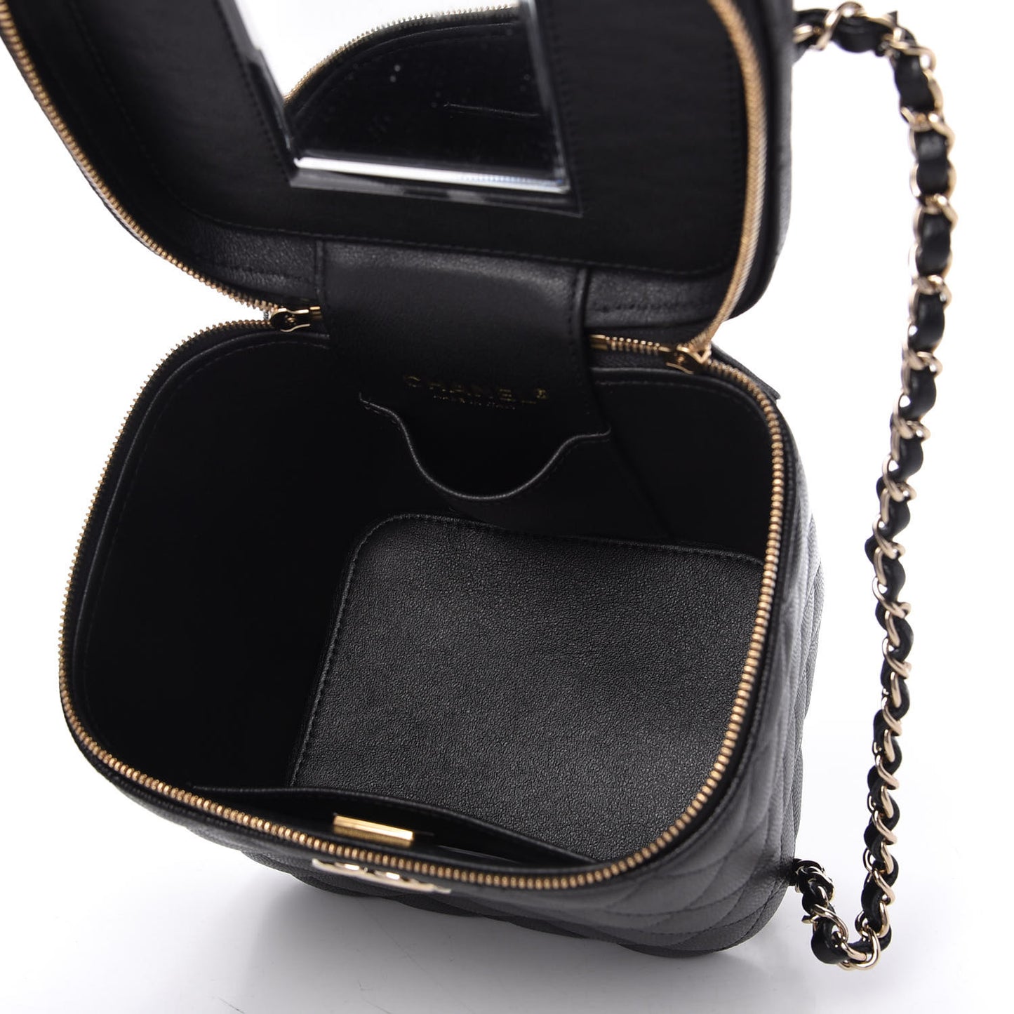 Caviar Quilted Small Top Handle Vanity Case With Chain Black