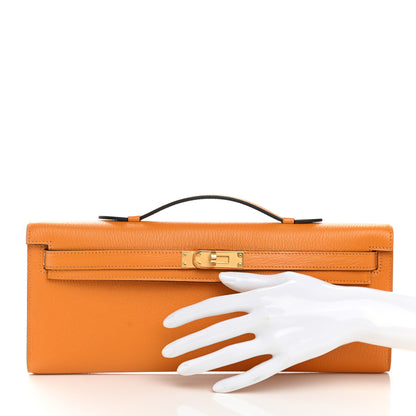 Hermes Chevre Mysore Horseshoe Kelly Cut Clutch Pochette Jaune Ambre 2 of 8