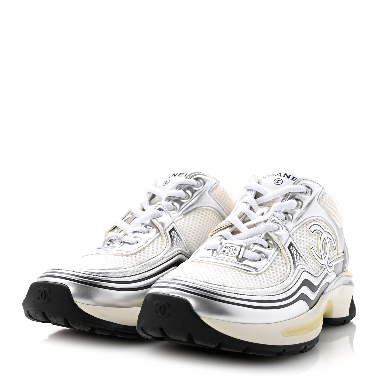 Fabric Laminated Calfskin Stretch CC Womens Sneakers 38 White Silver