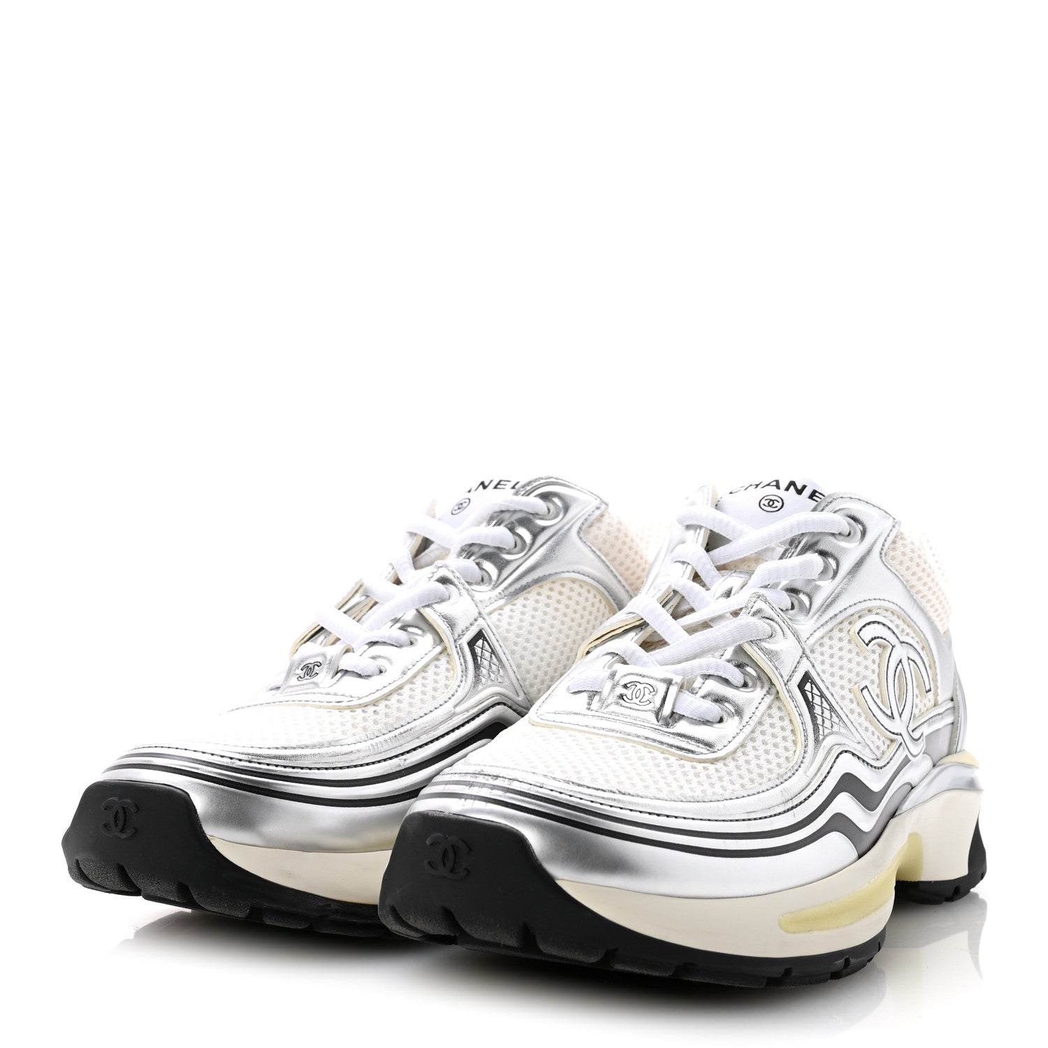 Chanel Fabric Laminated Calfskin Stretch CC Womens Sneakers 38 White Silver 4 of 11