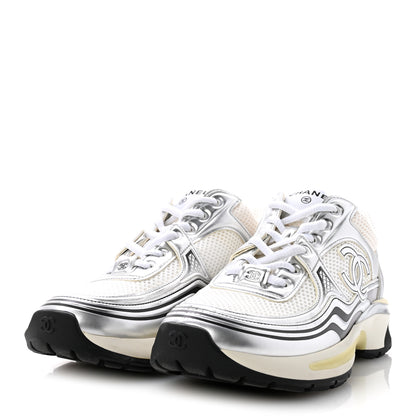 Chanel Fabric Laminated Calfskin Stretch CC Womens Sneakers 38 White Silver 4 of 11