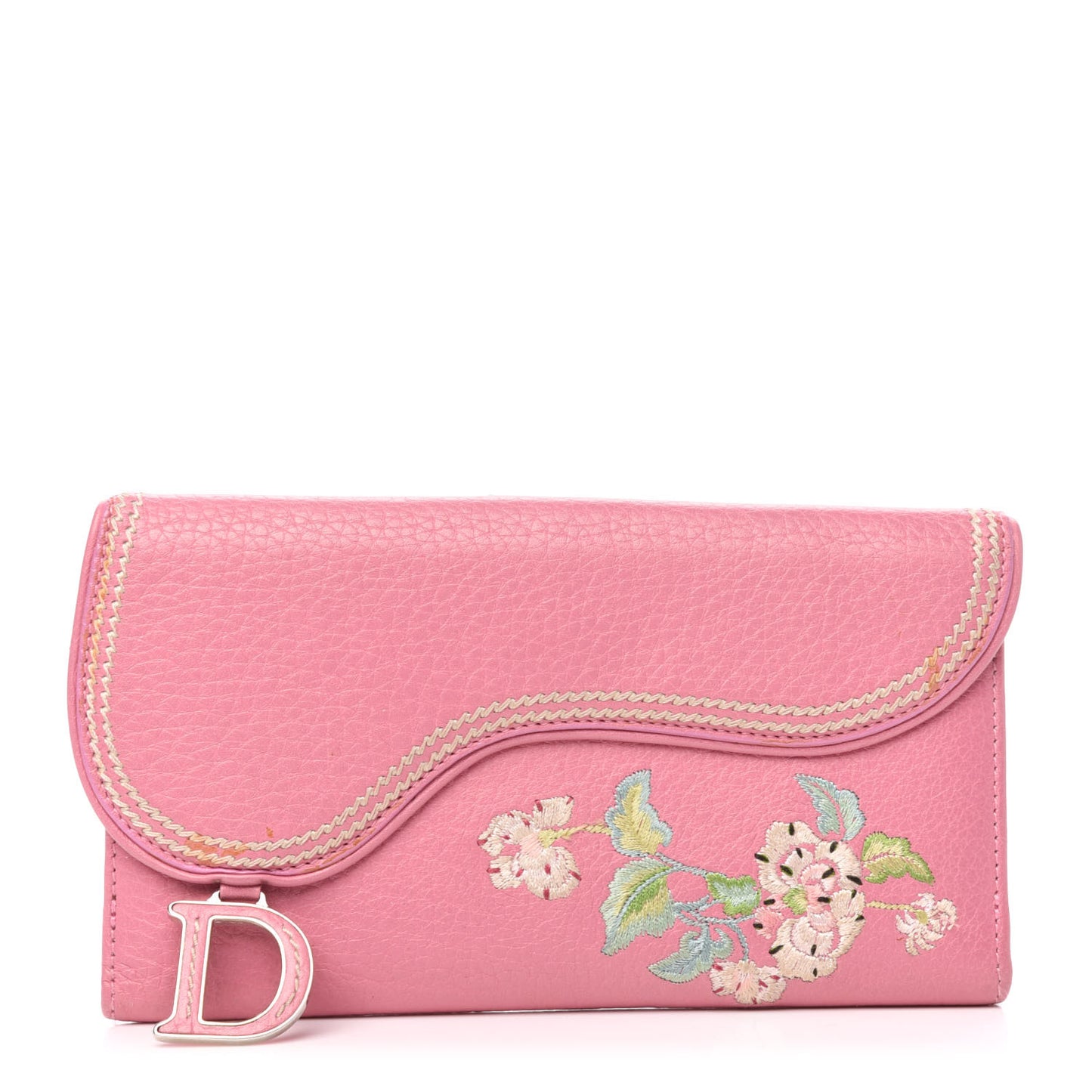 Calfskin Embroidered Romantic Flowers Saddle Wallet Pink