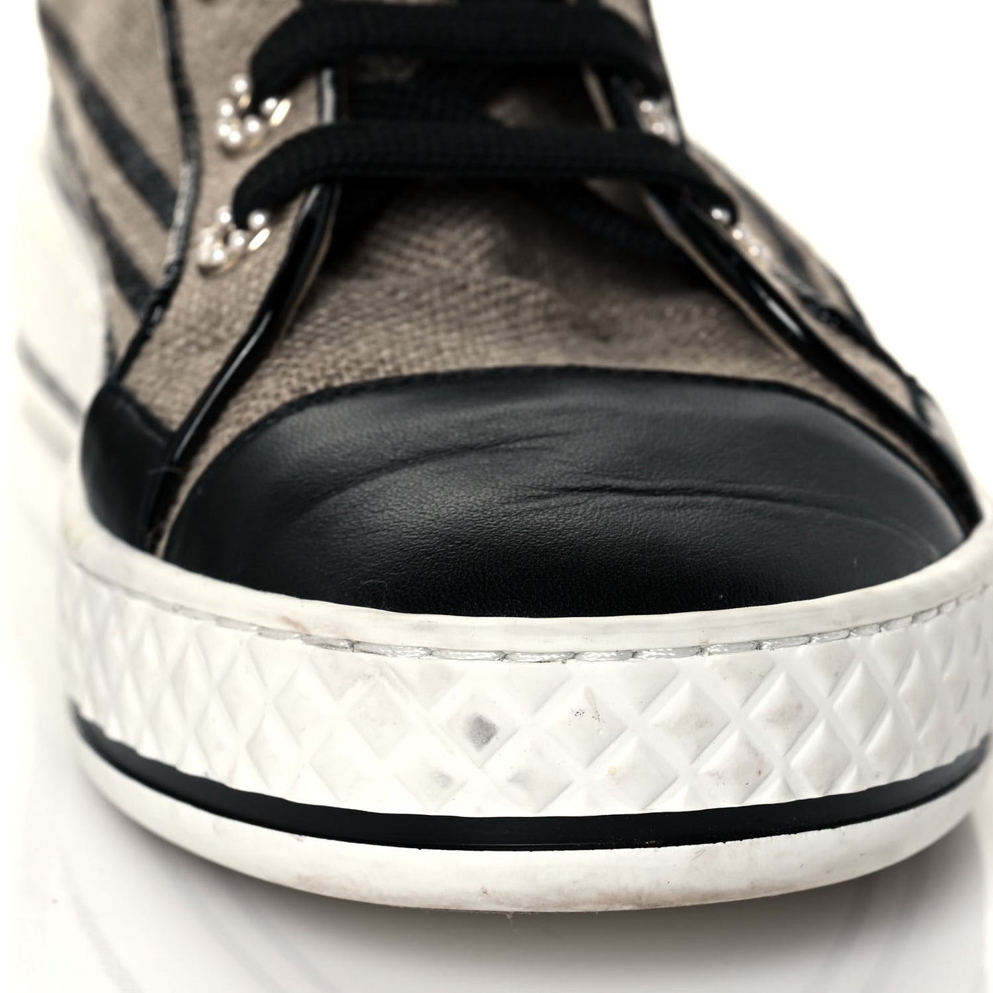 Fabric Lambskin Lace Up Cap Toe Sneakers 37 Beige Black
