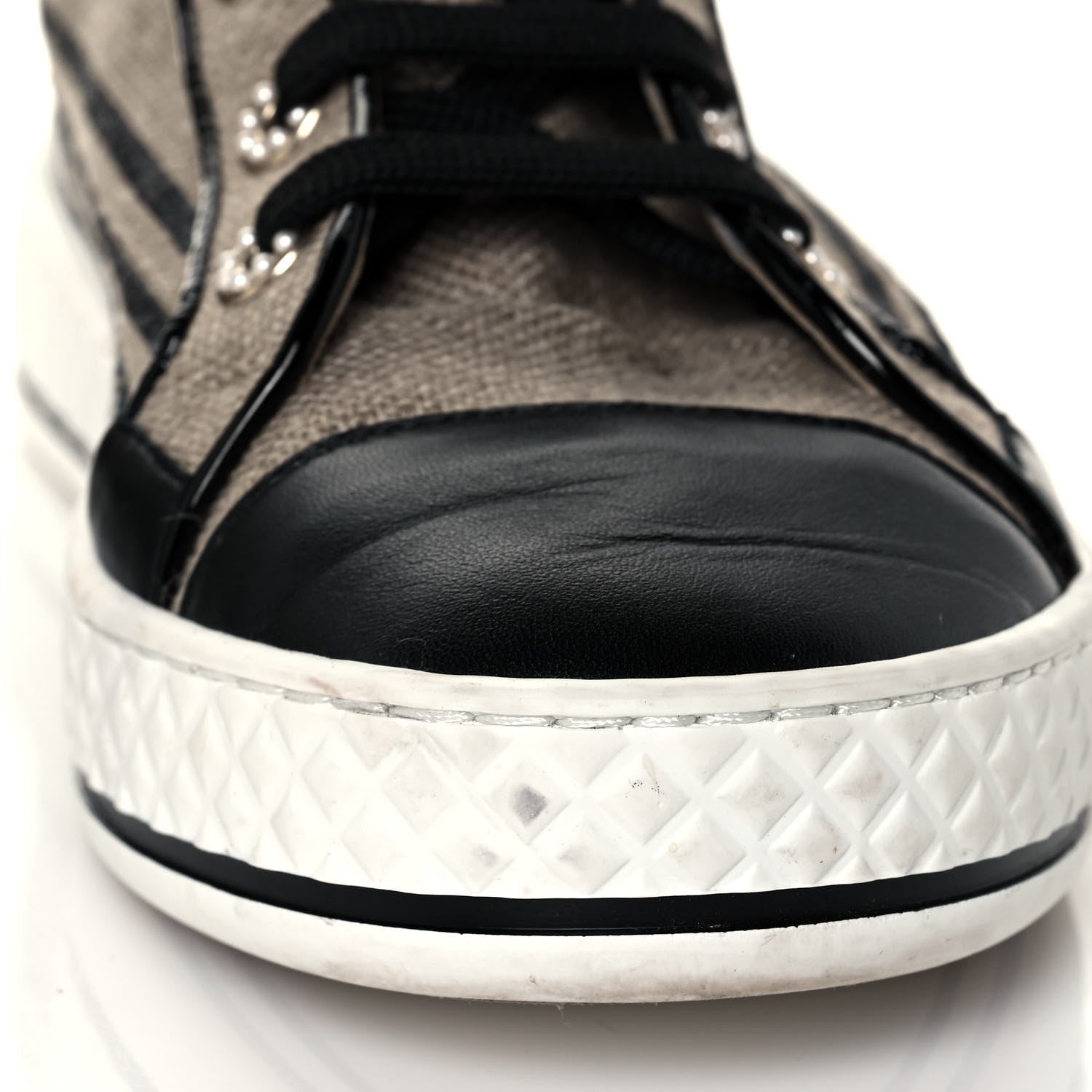 Chanel Fabric Lambskin Lace Up Cap Toe Sneakers 37 Beige Black 7 of 7