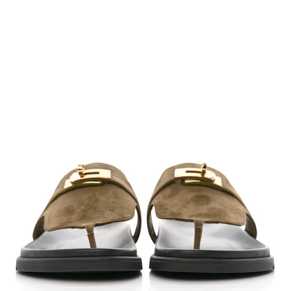 Hermes Suede Goatskin Womens Empire Sandals 37 Vert Toundra 2 of 10
