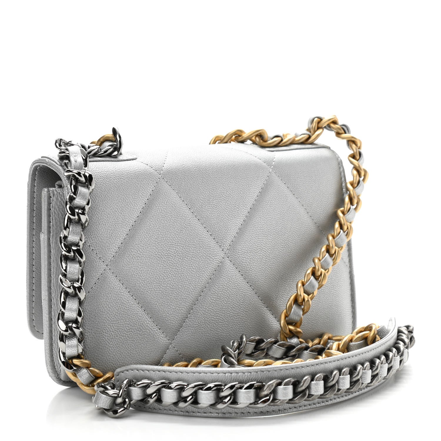Chanel Metallic Lambskin Quilted Chanel 19 Wallet On Chain WOC Silver 3 of 13