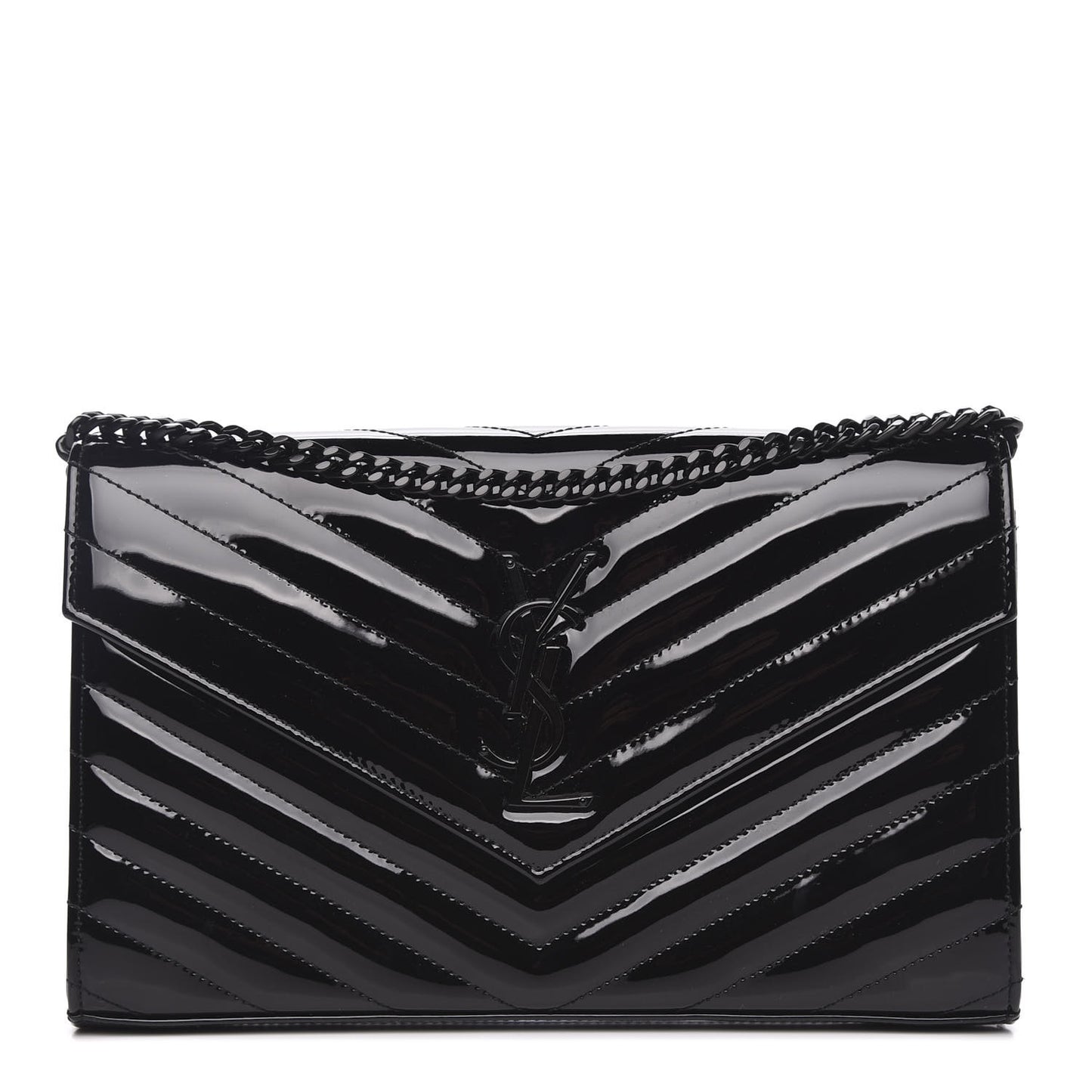 Patent Matelasse Chevron Monogram Chain Wallet Black