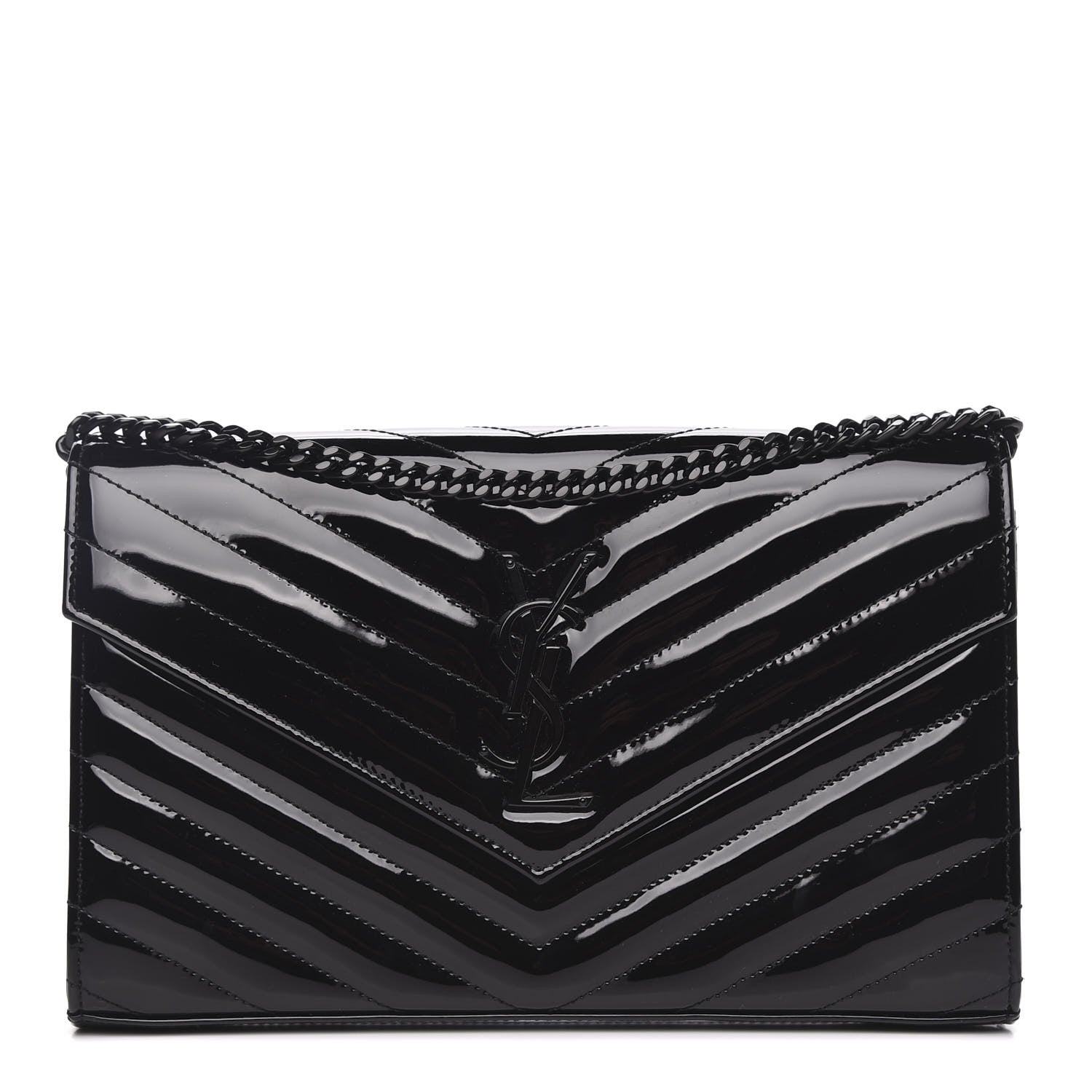 Saint Laurent Patent Matelasse Chevron Monogram Chain Wallet Black 2 of 9