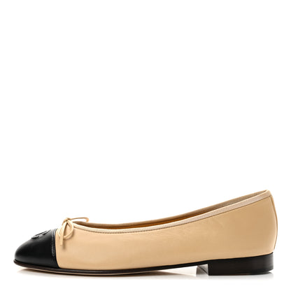Chanel Lambskin Cap Toe CC Ballerina Flats 37 Beige Black 1 of 11