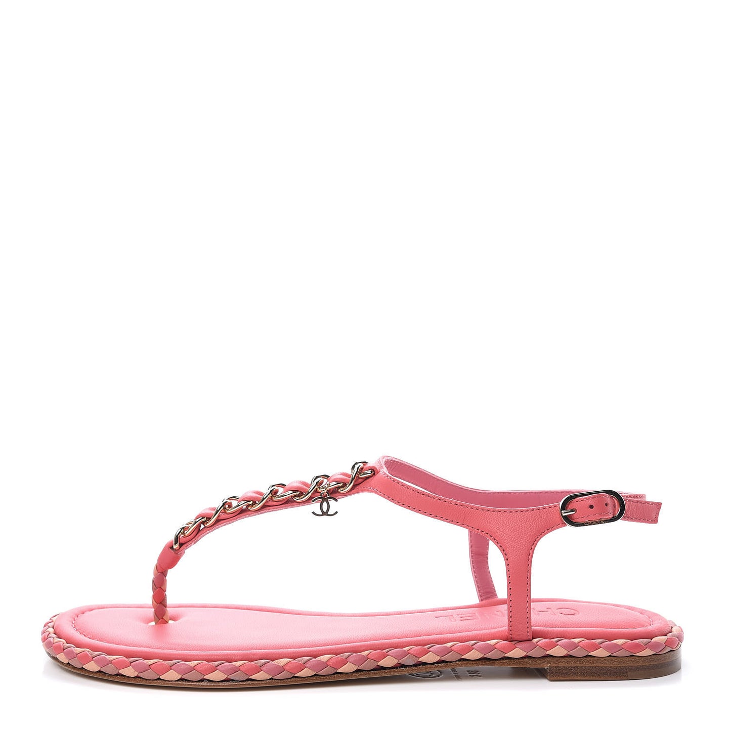 Lambskin CC Chain Thong Sandals 38 Bright Pink