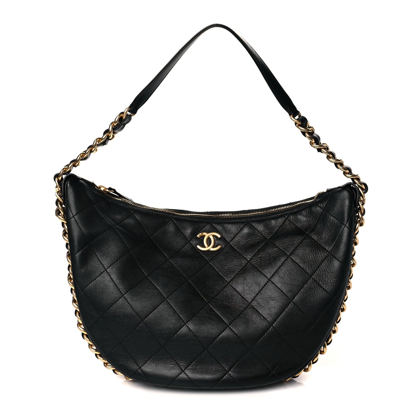 Lambskin Quilted Chain Around Hobo Black