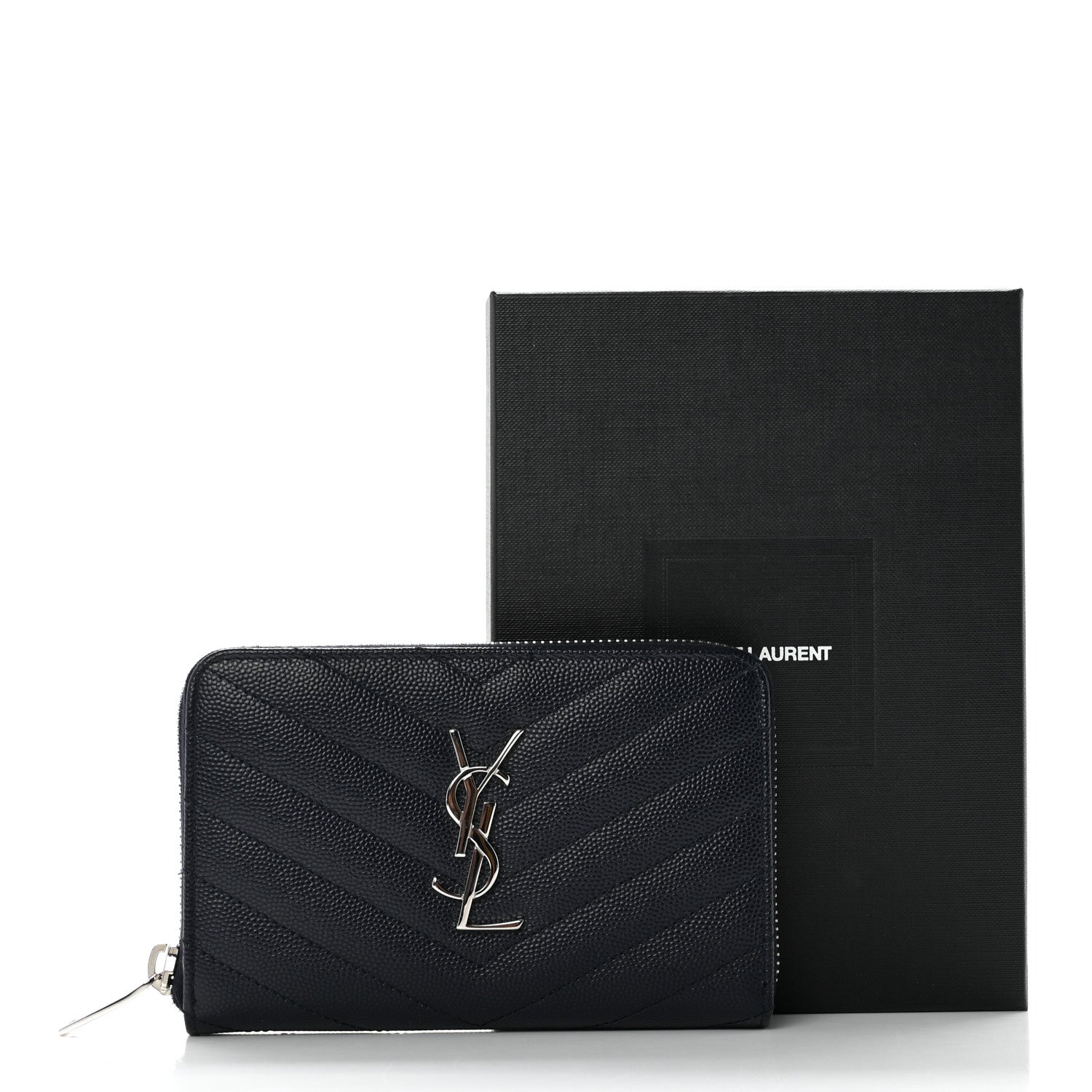 Saint Laurent Grain De Poudre Matelasse Chevron Monogram Small Zip Around Wallet Deep Marine 7 of 7
