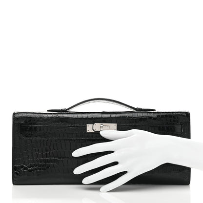 Hermes Shiny Porosus Crocodile Kelly Cut Pochette Black 2 of 9