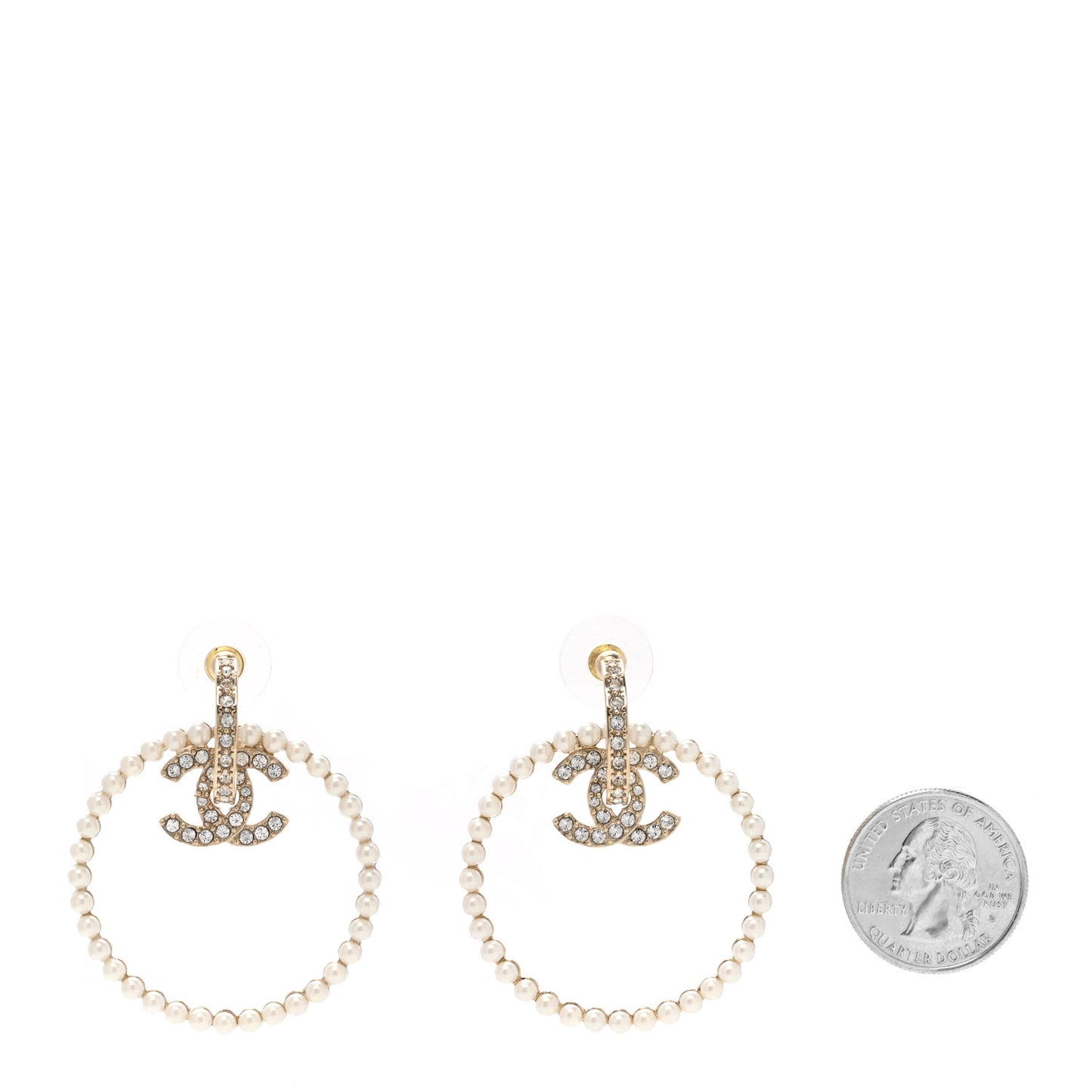 Crystal Pearl CC Door Knocker Hoop Earrings Gold Pearly White