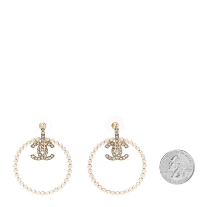 Chanel Crystal Pearl CC Door Knocker Hoop Earrings Gold Pearly White 2 of 4
