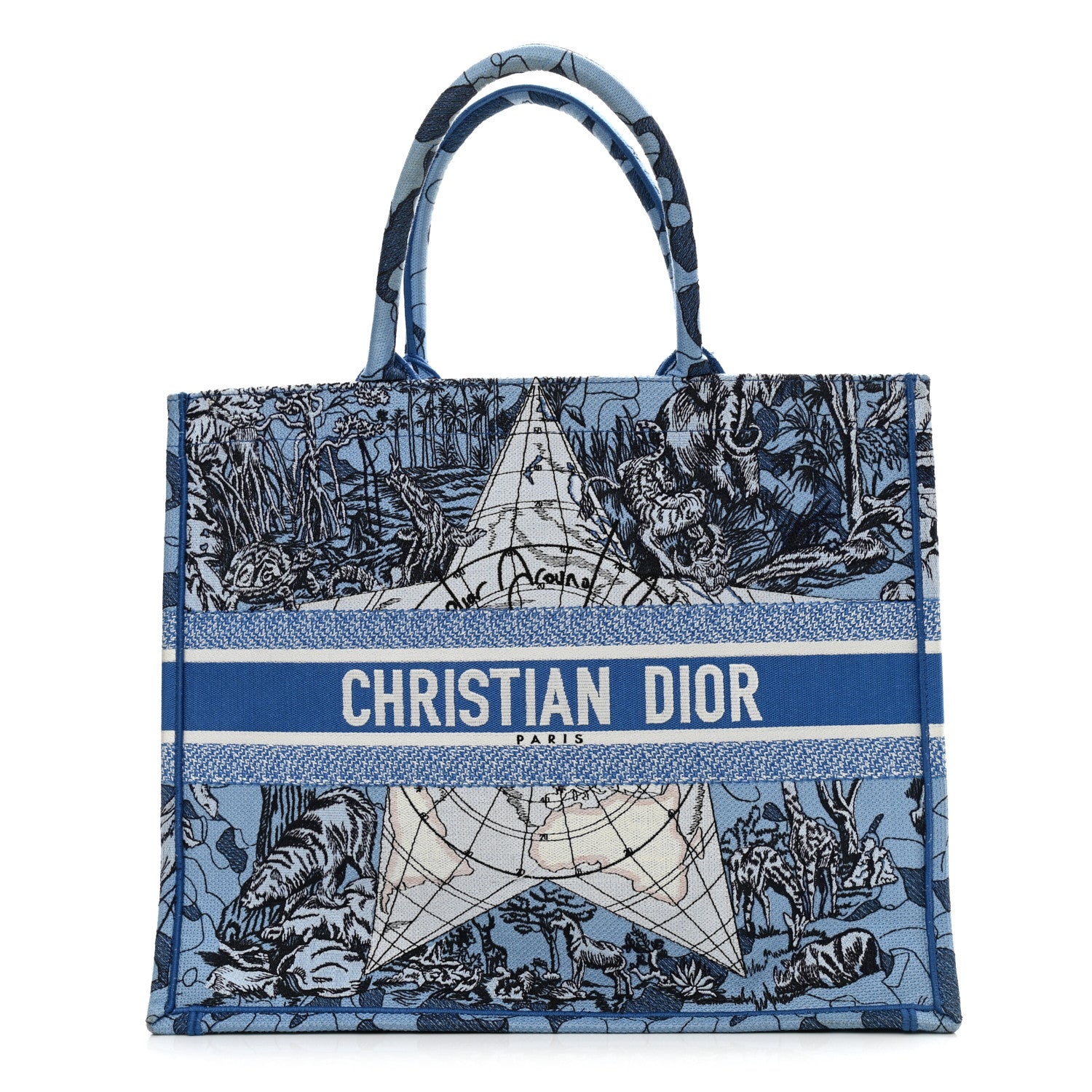Christian Dior Canvas Embroidered Large Around The World Book Tote Light Blue 1 of 12