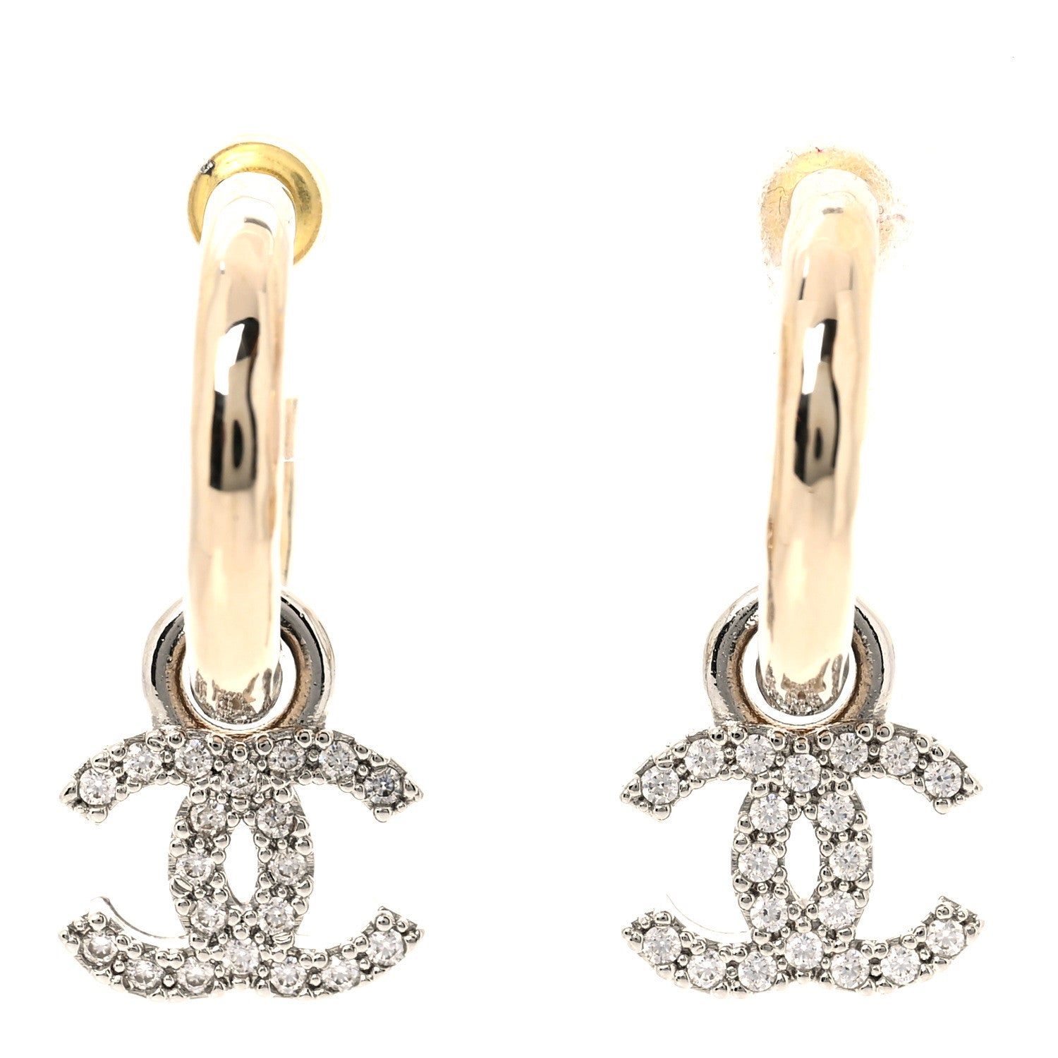 Chanel Metal Crystal CC Hoop Drop Earrings Gold 1 of 5