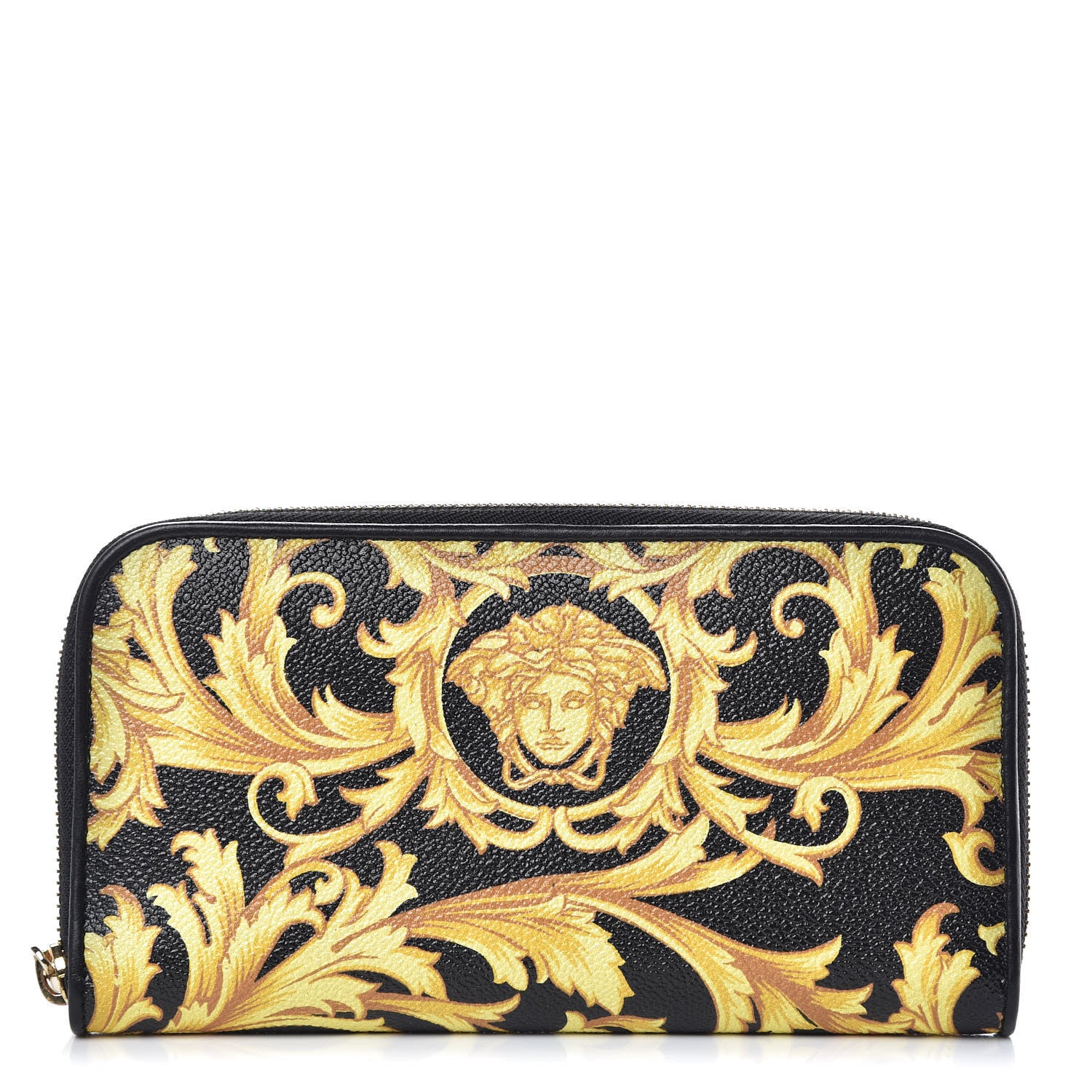 Versace Calfskin Barocco Print Zip Around Wallet Black Gold 1 of 6