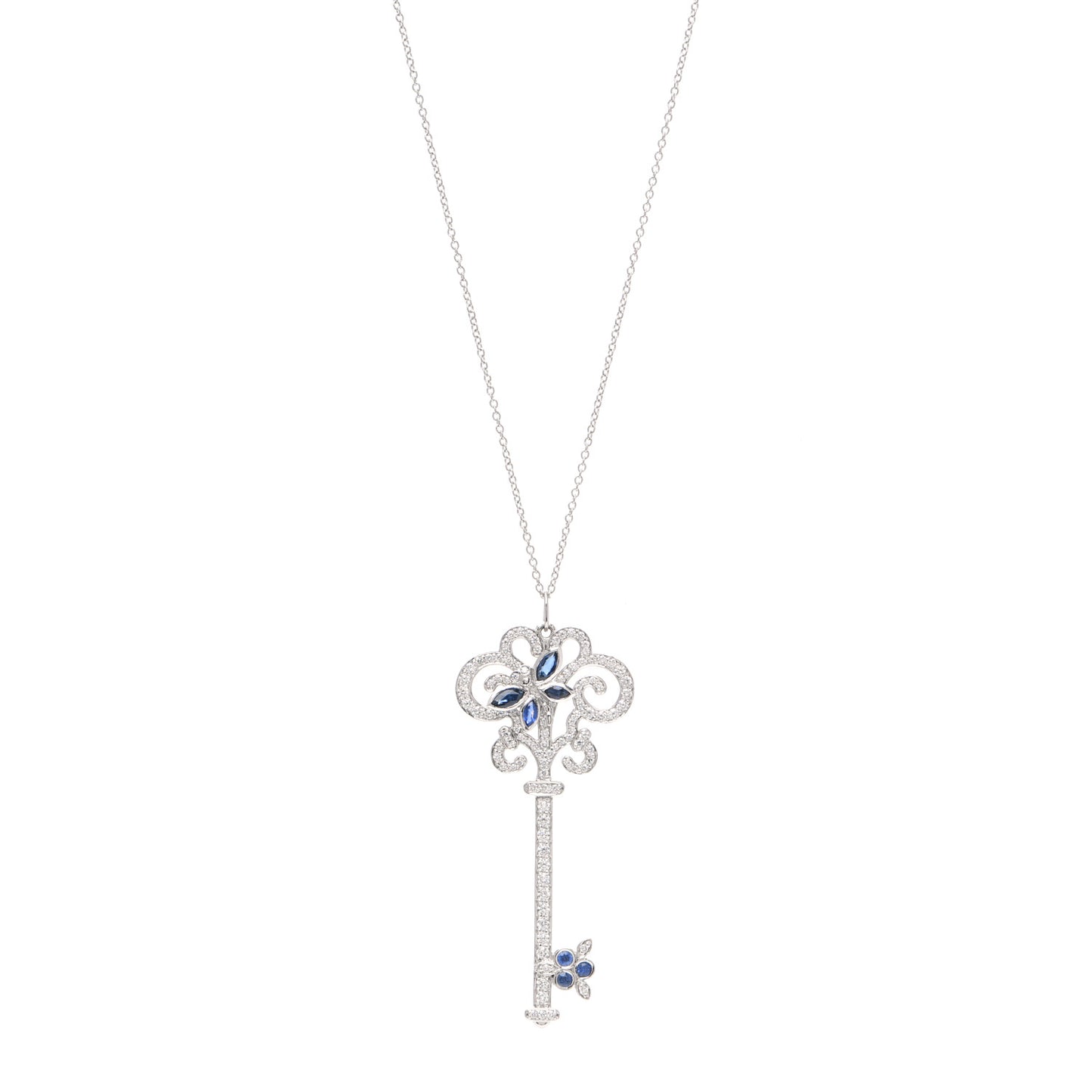 Platinum Diamond Blue Sapphire Enchant Dragonfly Key Pendant Necklace