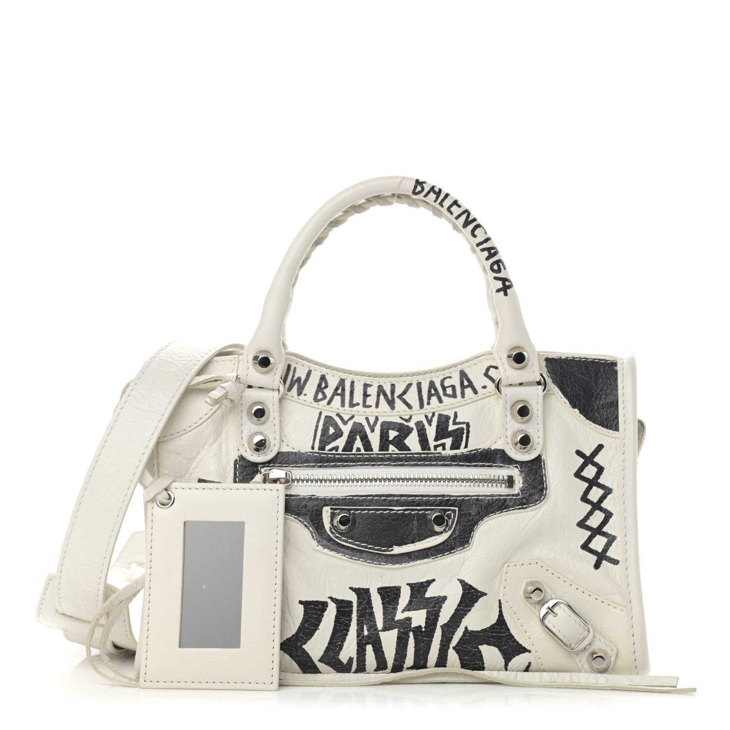 Balenciaga Agneau Arena Graffiti All Over Classic Silver Hardware Mini City White Black 1 of 13
