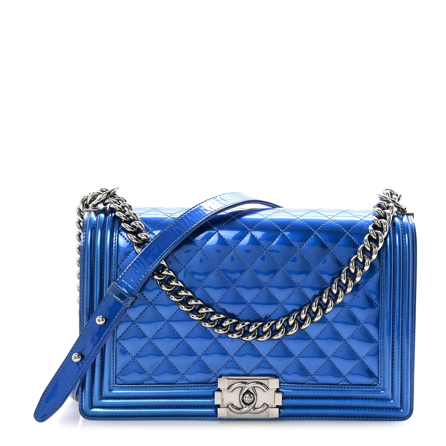 Chanel Metallic Patent Quilted New Medium Boy Flap Blue 1 of 10