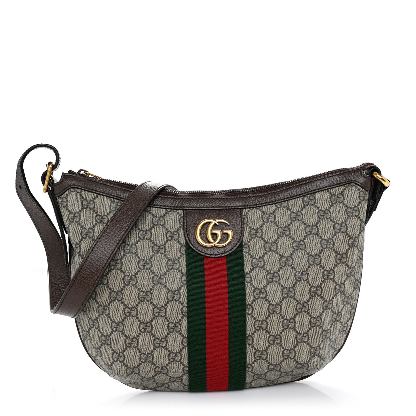 GG Supreme Monogram Textured Dollar Calfskin Web Small Ophidia Half Moon Hobo Beige Ebony New Acero