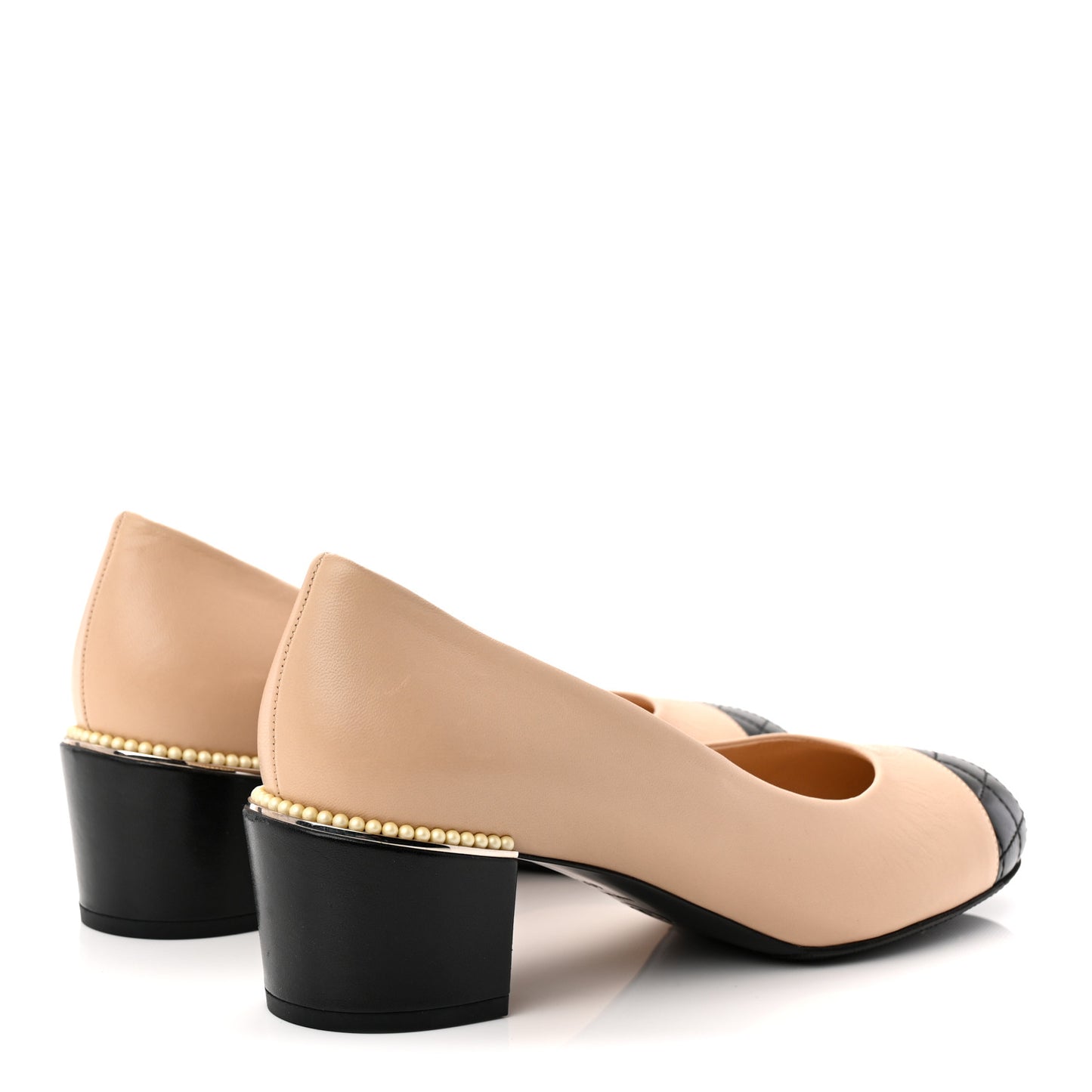 Lambskin Pearl Quilted Cap Toe Pumps 40 Beige Black