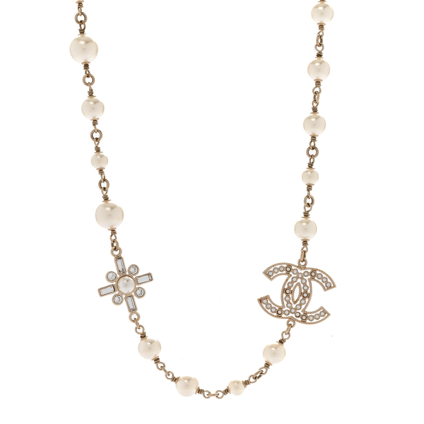 Crystal Baguette Pearl CC Cross Short Necklace Gold