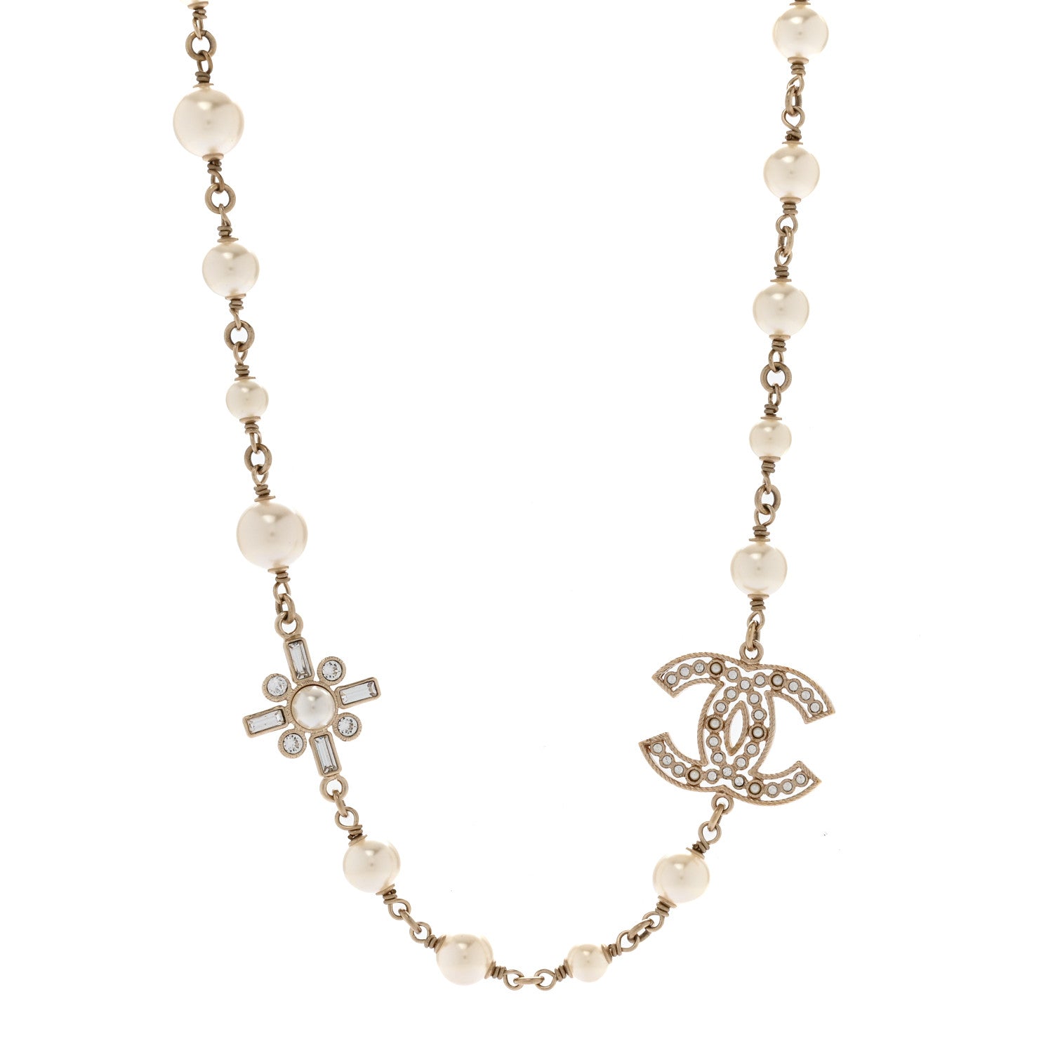 Chanel Crystal Baguette Pearl CC Cross Short Necklace Gold 1 of 6