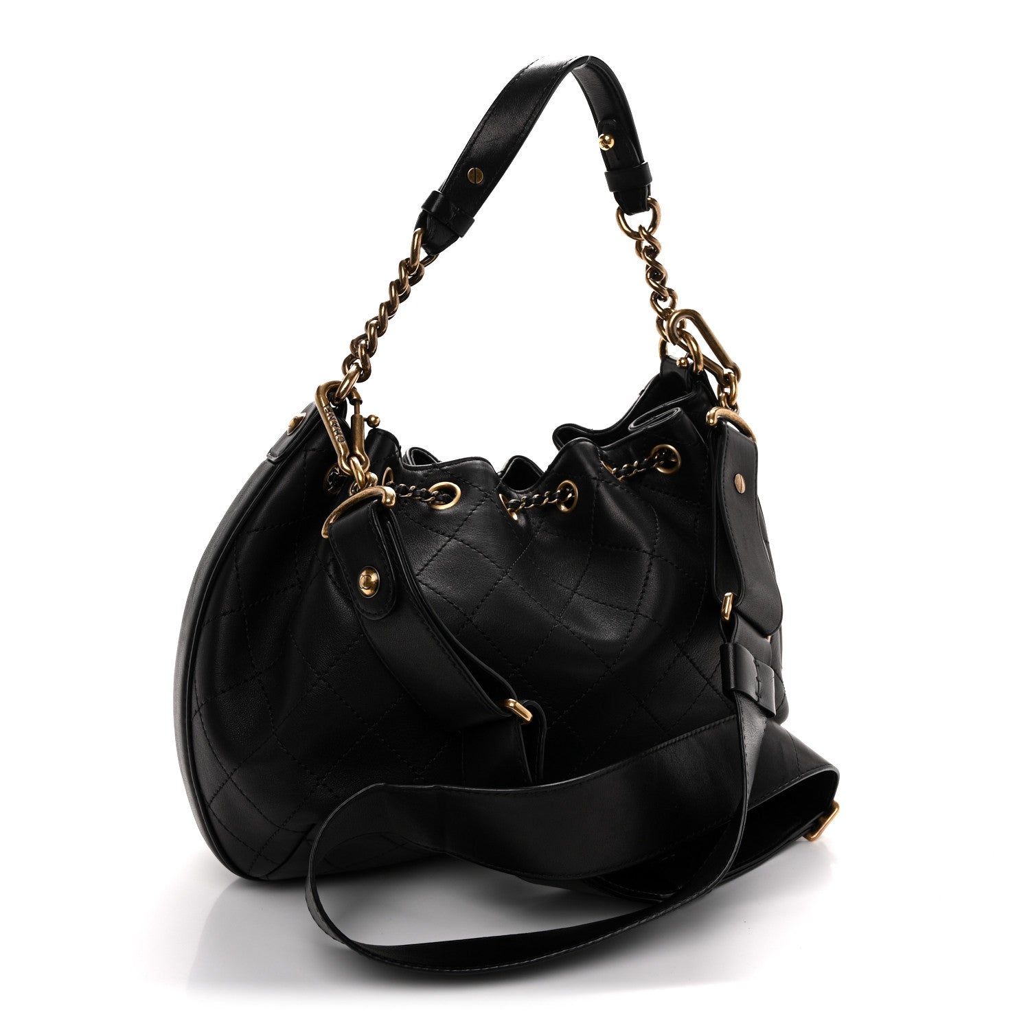 Chanel Calfskin Stitched Small Paris Rome Drawstring CC Bag Black 3 of 10