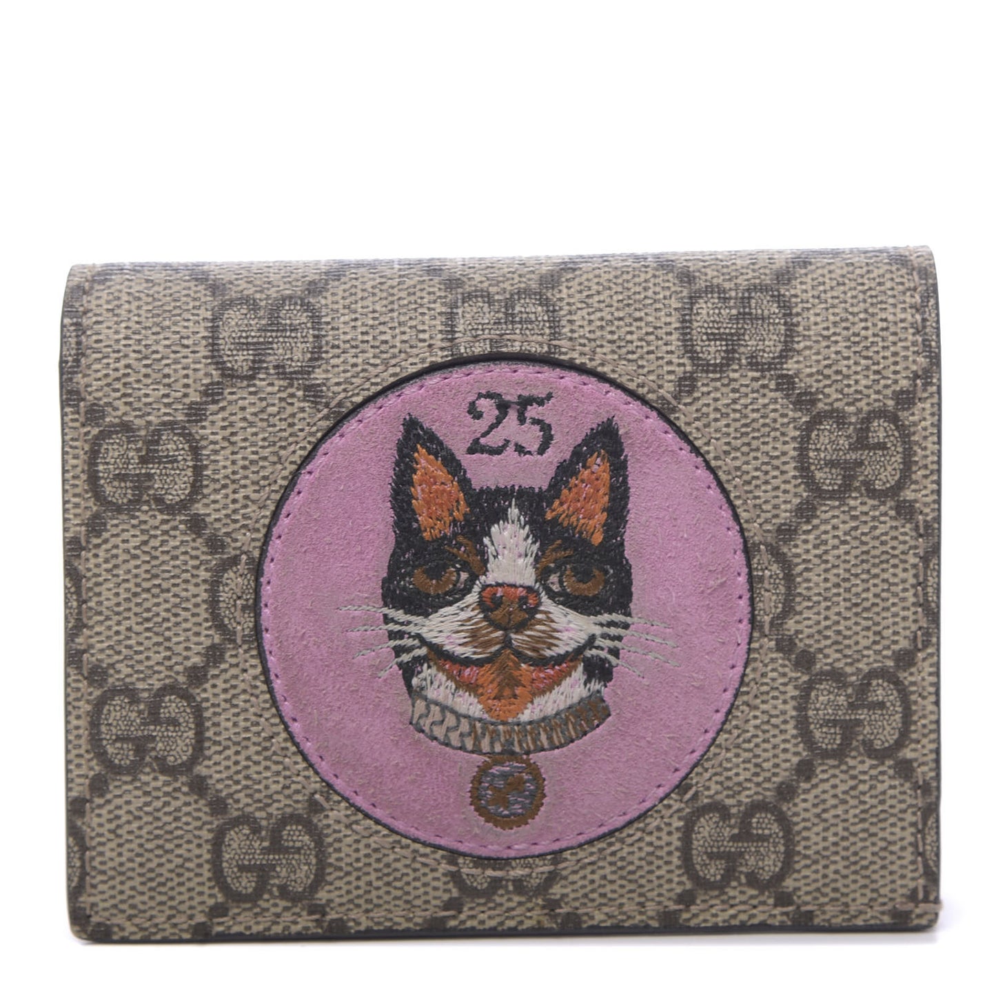 GG Supreme Monogram Bosco Patch Card Case Wallet Beige Malva Hibiscus Red