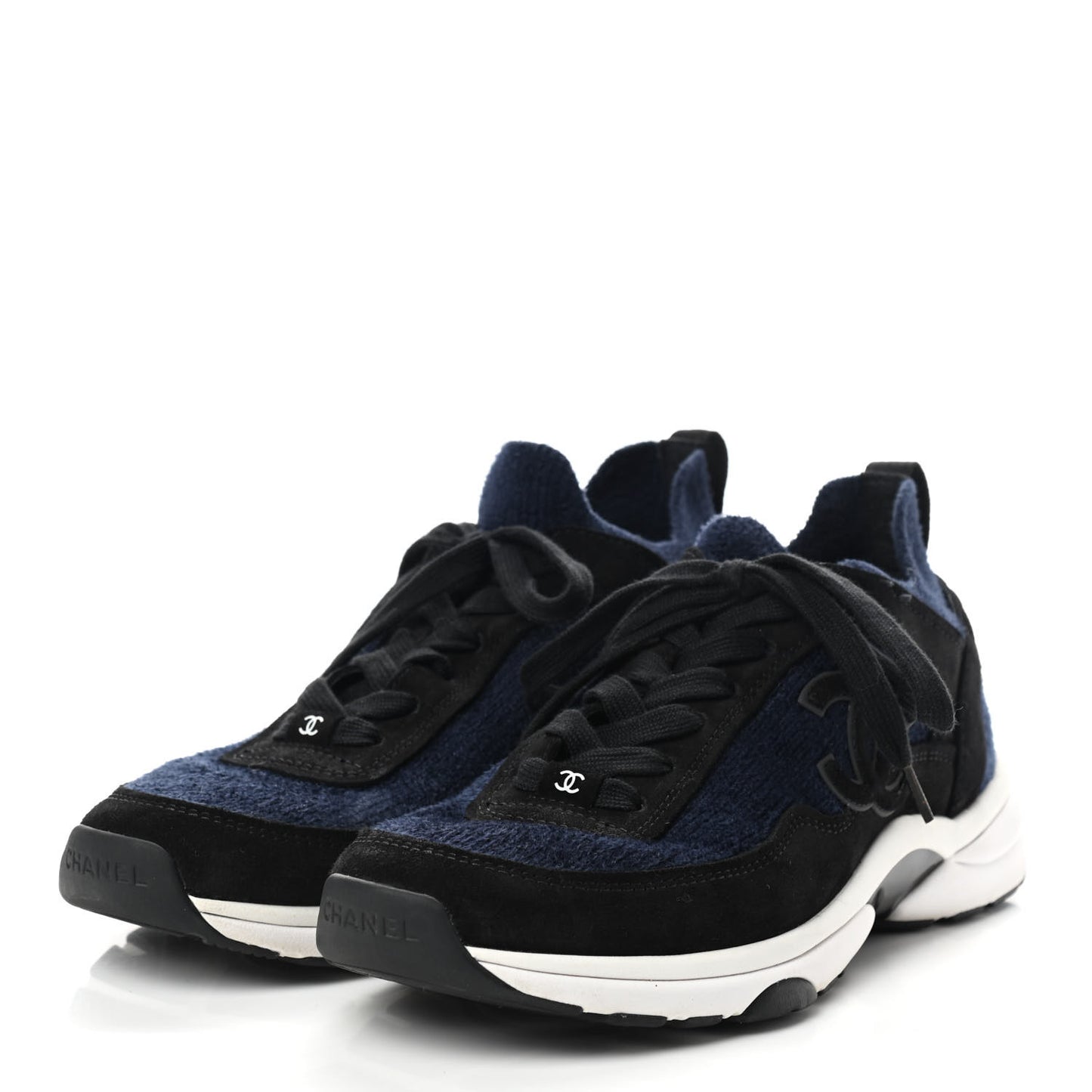Fabric Suede Calfskin Stretch CC Sneakers 40 Blue Black