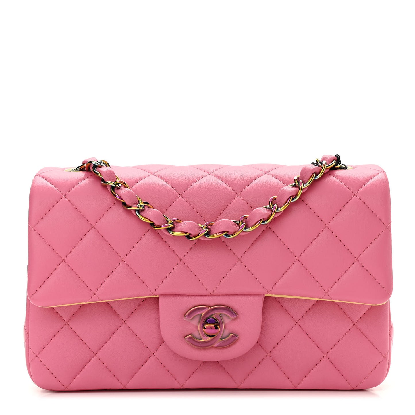 Lambskin Quilted Mini Rectangular Flap Pink Yellow