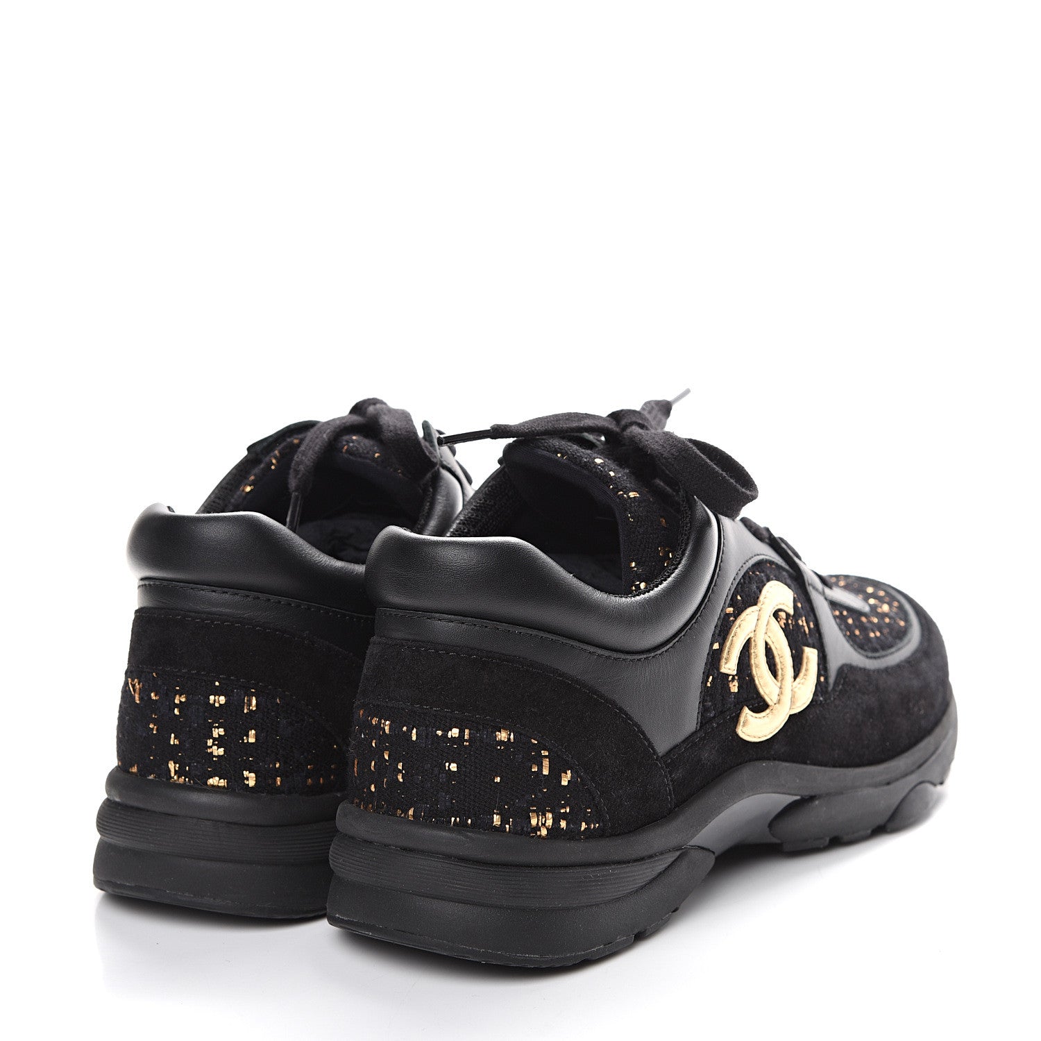 Chanel Velour Tweed CC Sneakers 38.5 Black Gold 4 of 10