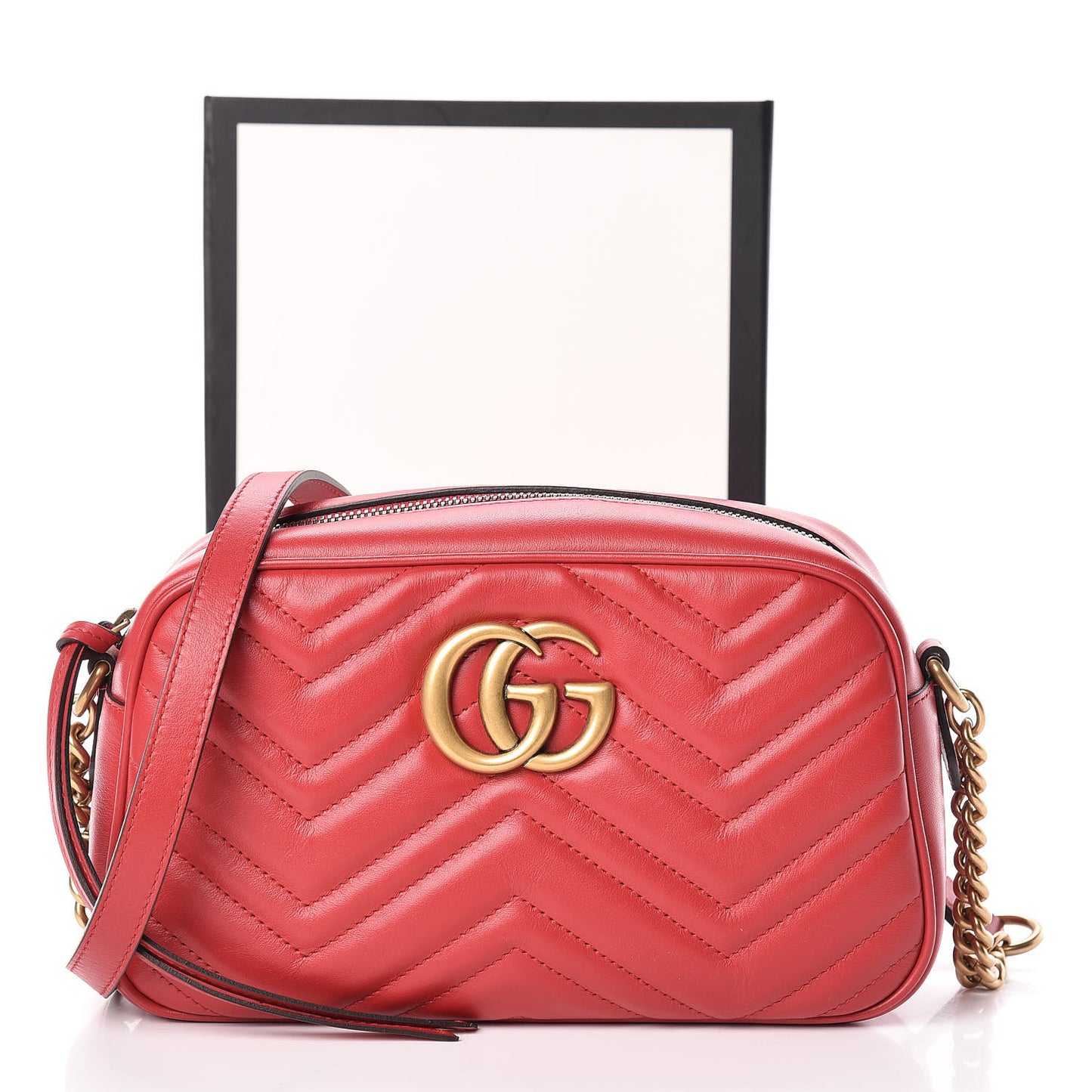 Calfskin Matelasse Small GG Marmont Chain Shoulder Bag Hibiscus Red