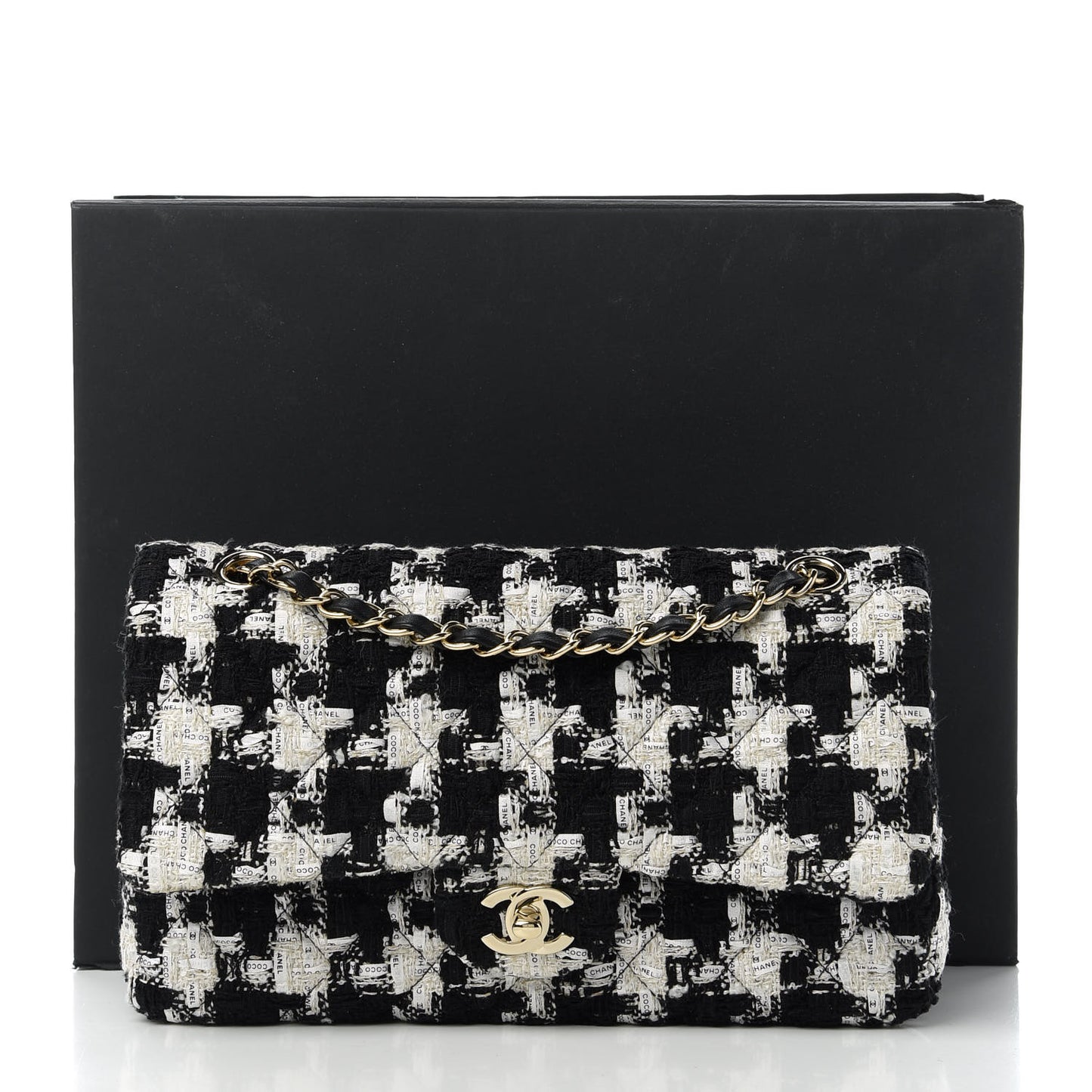 Tweed Quilted Medium Double Flap Black Ecru White