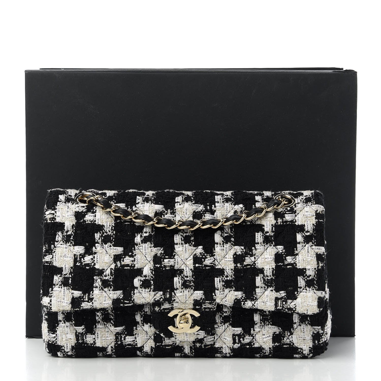 Chanel Tweed Quilted Medium Double Flap Black Ecru White 11 of 11