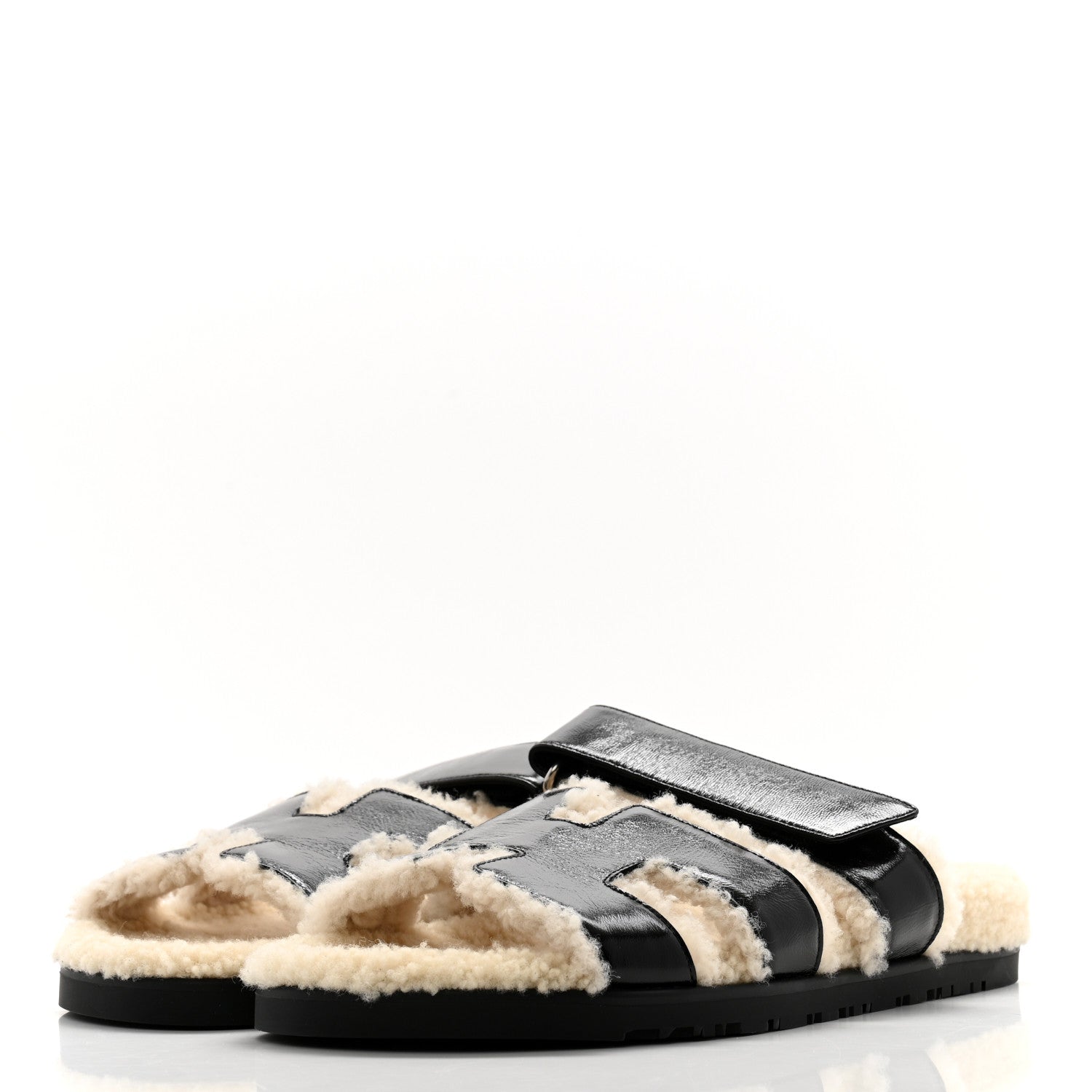 Hermes Glazed Nappa Woolskin Womens Chypre Sandals 40.5 Black Ecru 3 of 9
